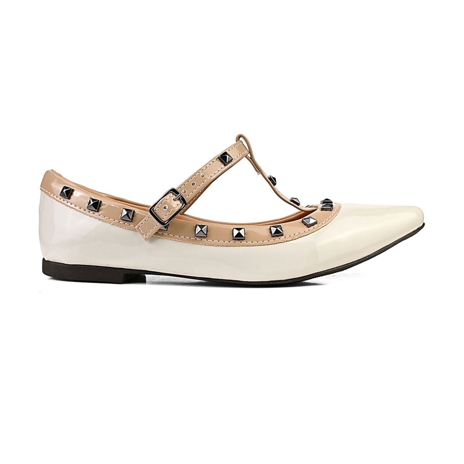 sapatilha feminina bico fino mary jane com verniz comspikes e fivela confort Off Nude