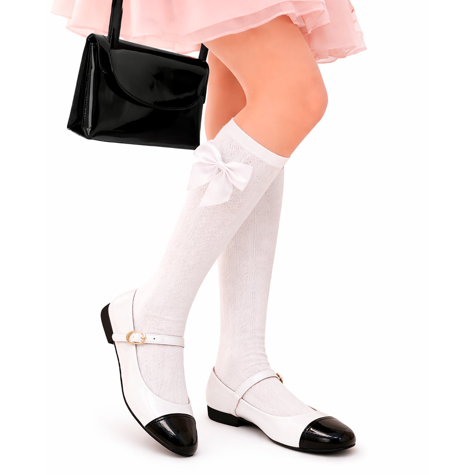 Infantil - Kit Sapatilha Preta E Branca Menina Com Meia Cano Longa e Bolsa Lateral Pepite