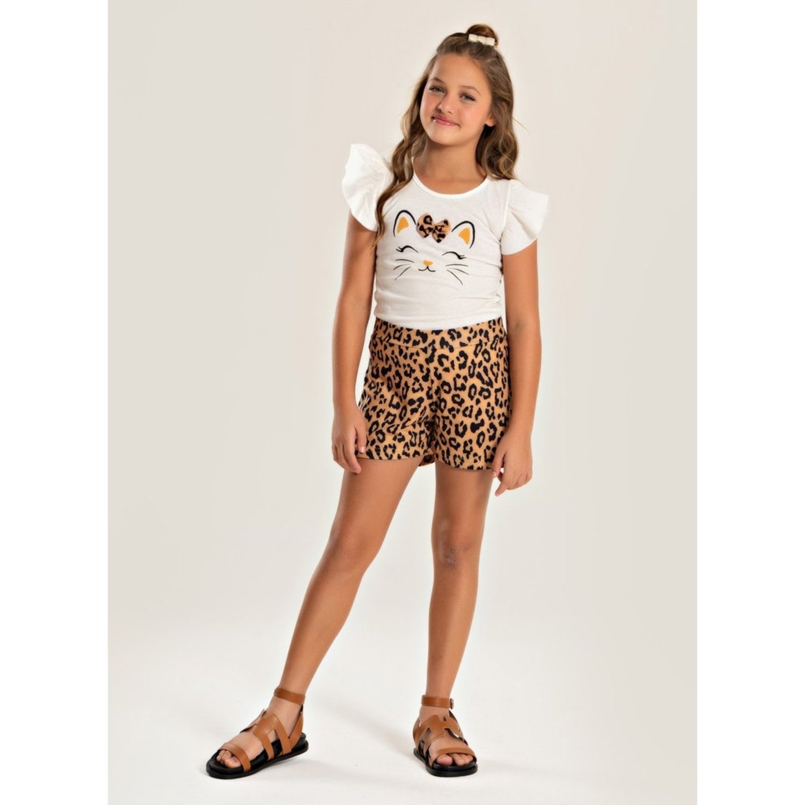 Infantil – Conjunto Molekada Verão Menina Natural Blusa com Laço e Shorts Oncinha