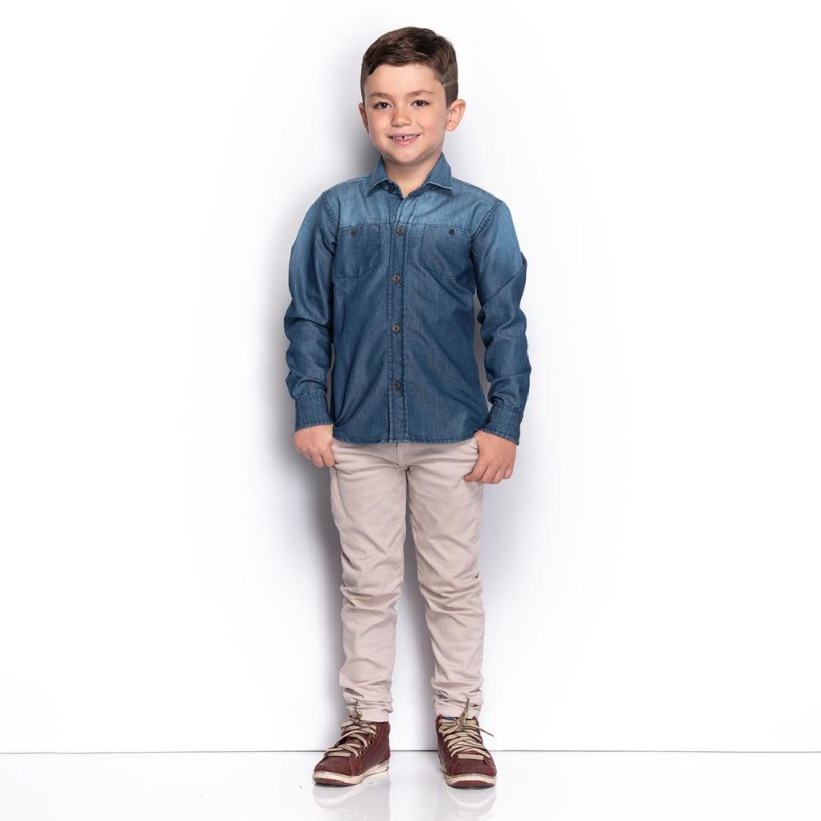 Vista 2 Infantil - Camisa Social Menino Jeans Degradê Bolso Casual Blue Jeans Azul TEODORO CAMISARIA azul blue TEODORO CAMISARIA azul blue