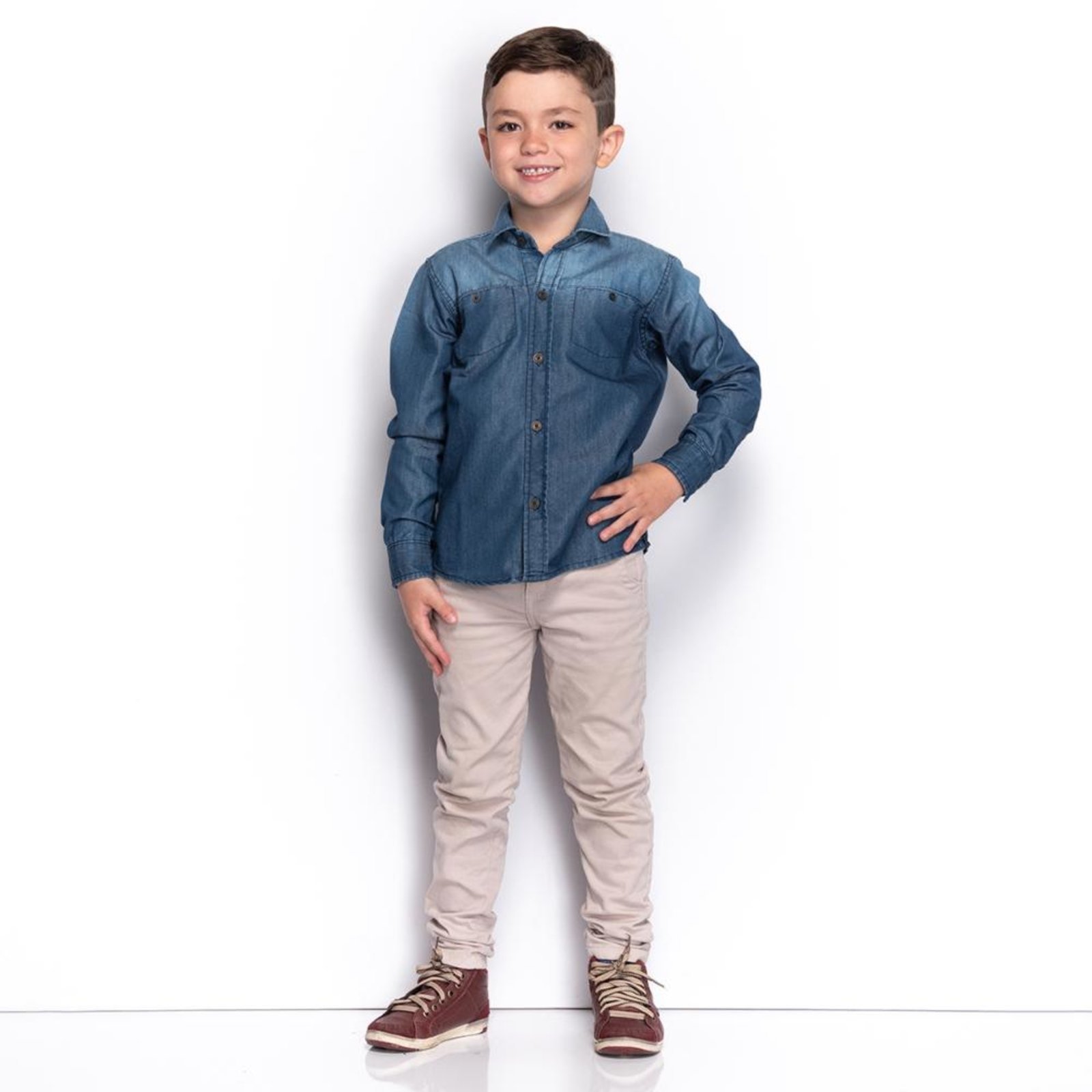 Vista 3 Infantil - Camisa Social Menino Jeans Degradê Bolso Casual Blue Jeans Azul TEODORO CAMISARIA azul blue TEODORO CAMISARIA azul blue