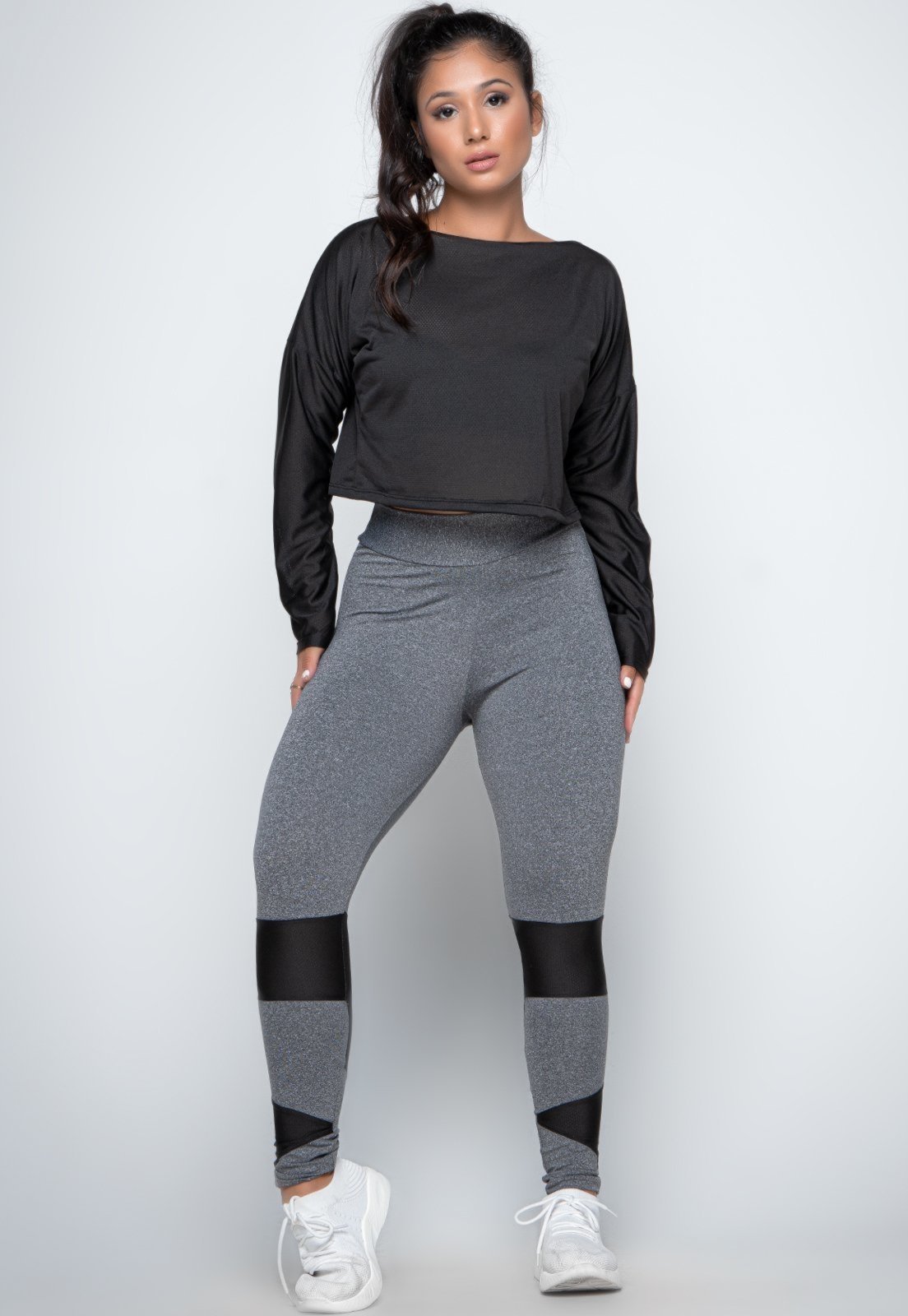 Conjunto Fitness Bravaa Store Feminino Academia Cropped de Tela e Calça Legging Cintura Alta Preta Detalhe em Tela 269 Preto