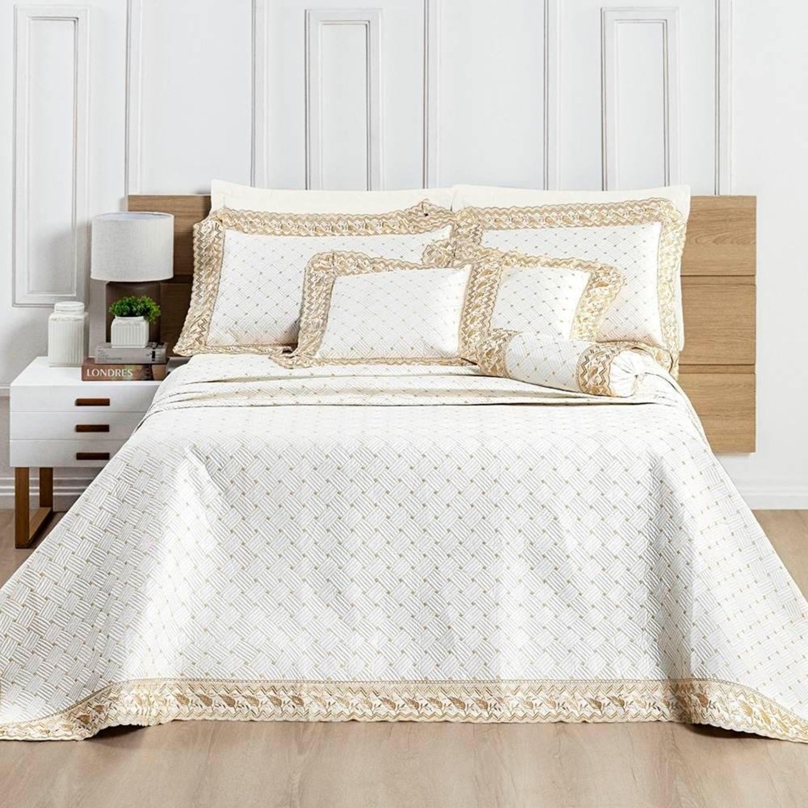 Cobre Leito Casal Padrão Royale Percal 200 Fios Algodão 6 Peças - Off White