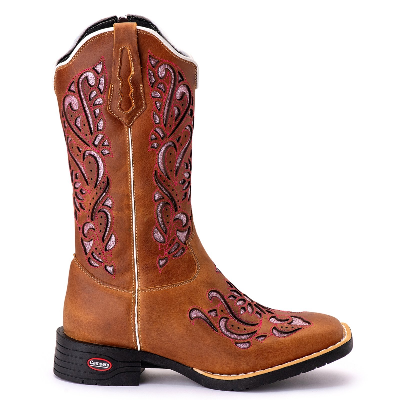 Vista 2 Bota Couro Campero Texana Bordada Cano Longo Mostarda marrom Campero marrom