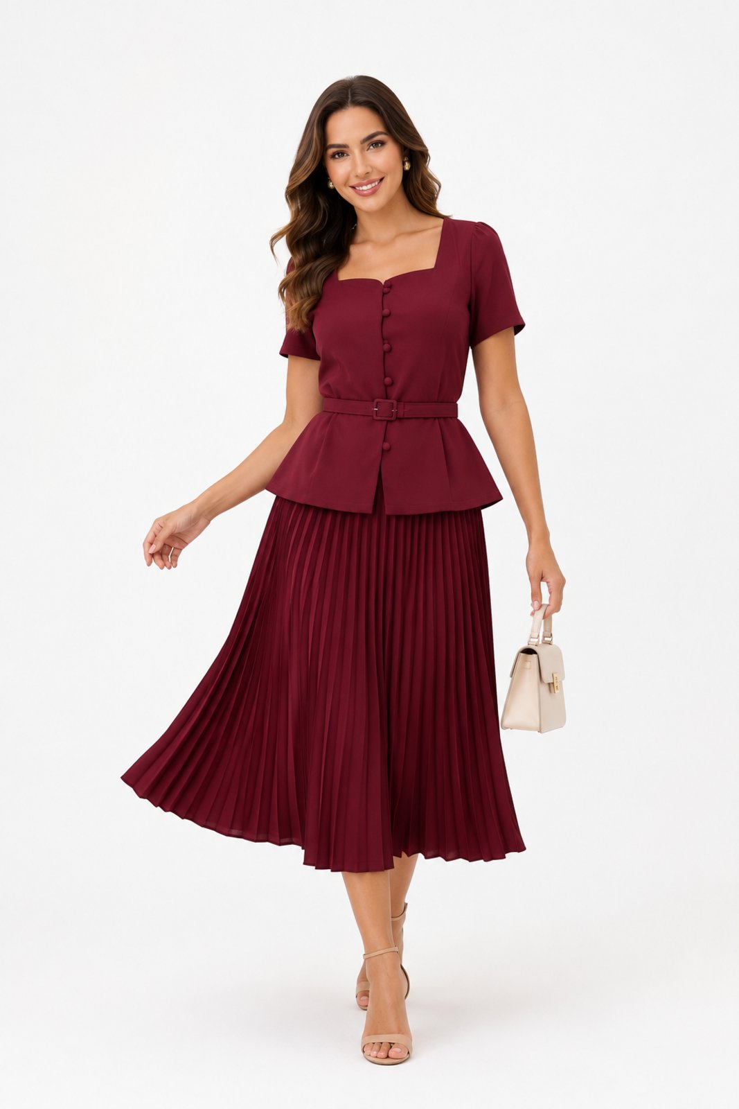 Conjunto Saia Midi D Bell Outlet Fashion Plissada Vinho