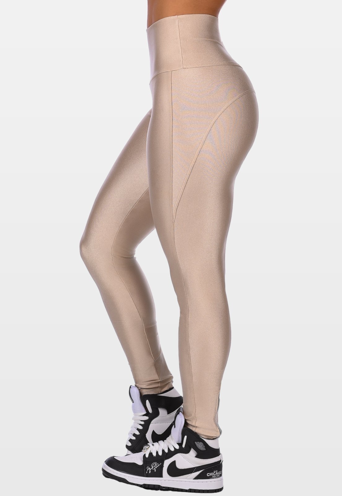 Calça Legging Fitness Cirrê Summer Soul Cós Alto Detalhe Zíper Bege