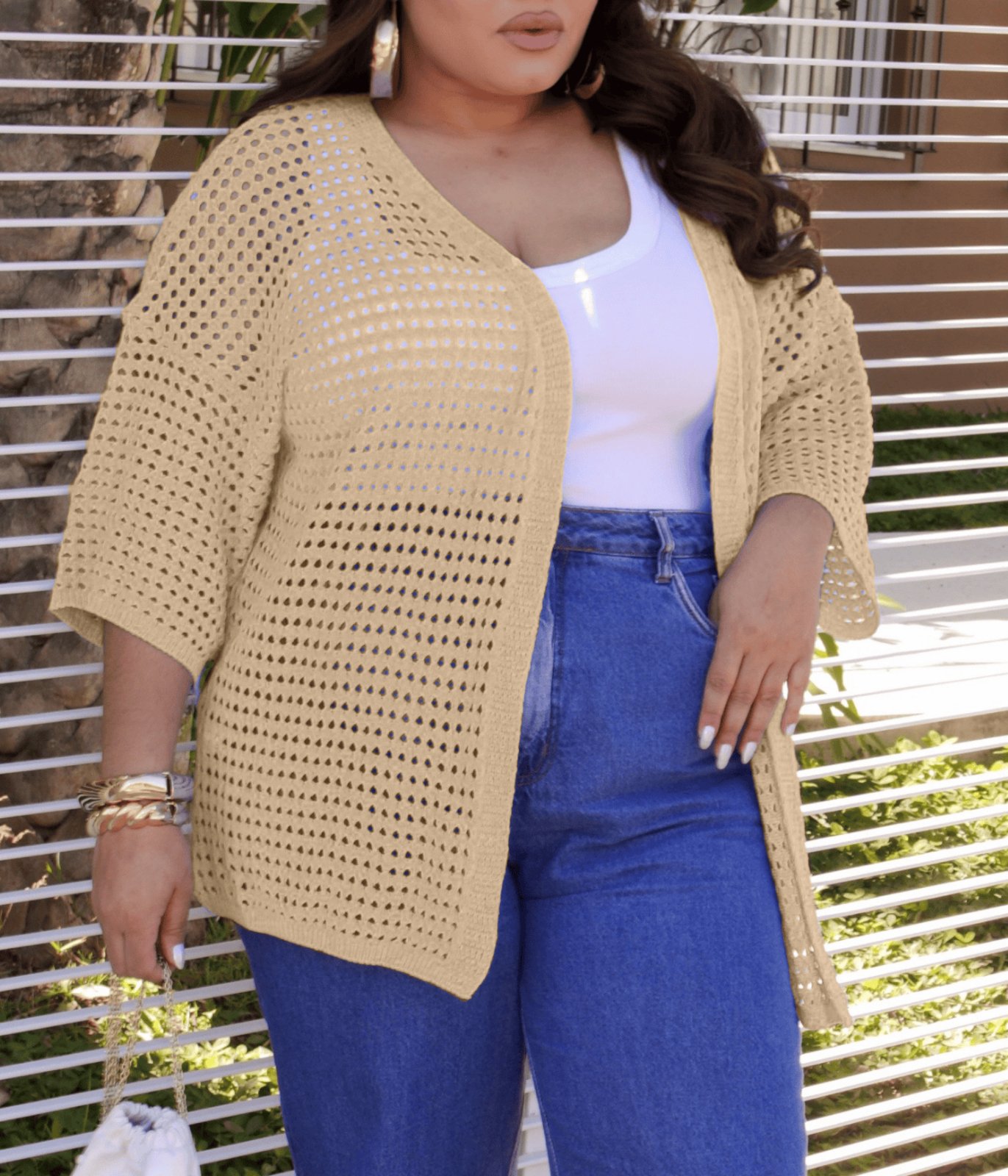 Casaco Cherry Line Kimono Vazado Plus Size Aberto Leve Manga Três Quartos Verão Tricot Areia