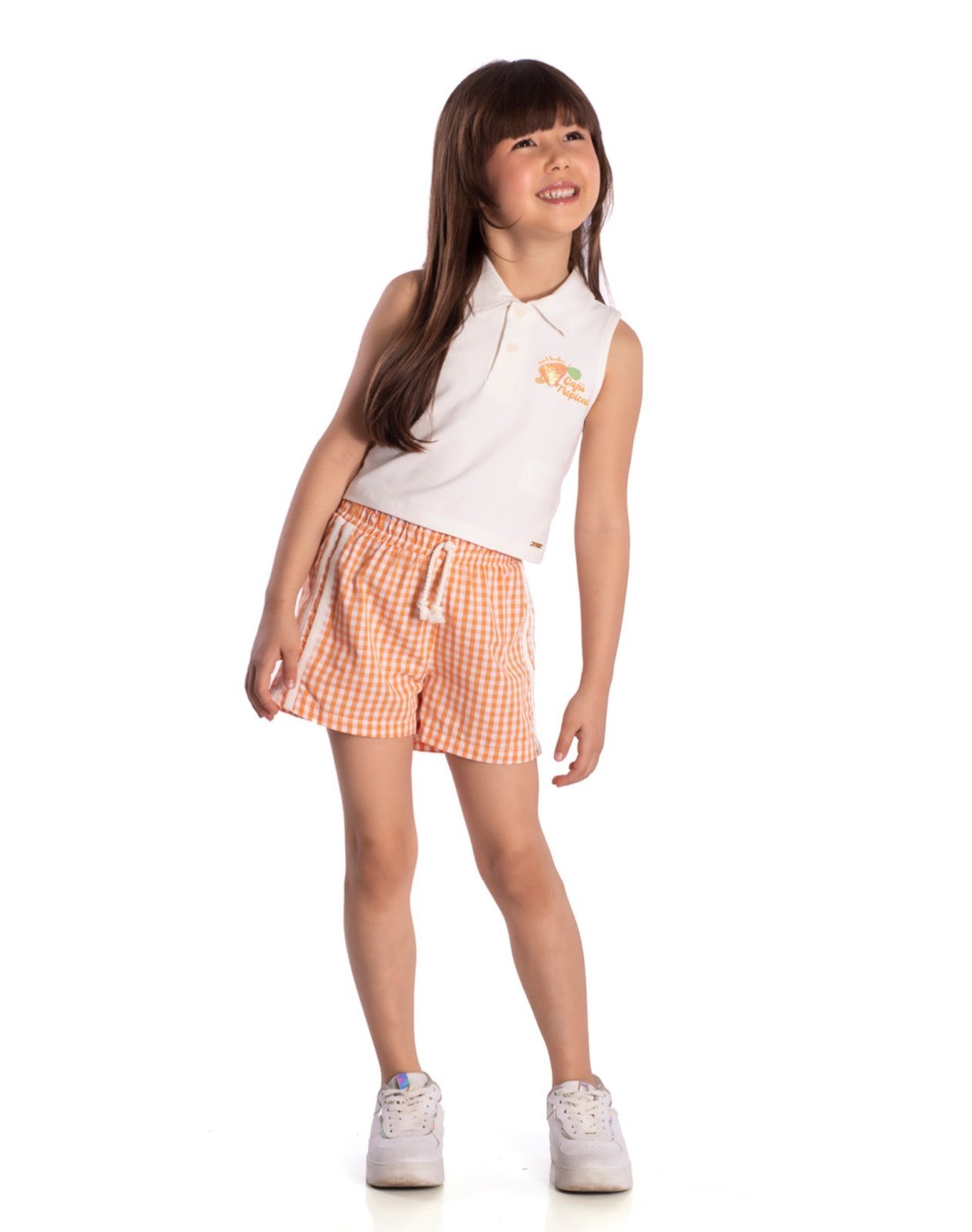 Infantil - Conj. blusa polo regata off white + shorts vichy fio tinto laranja