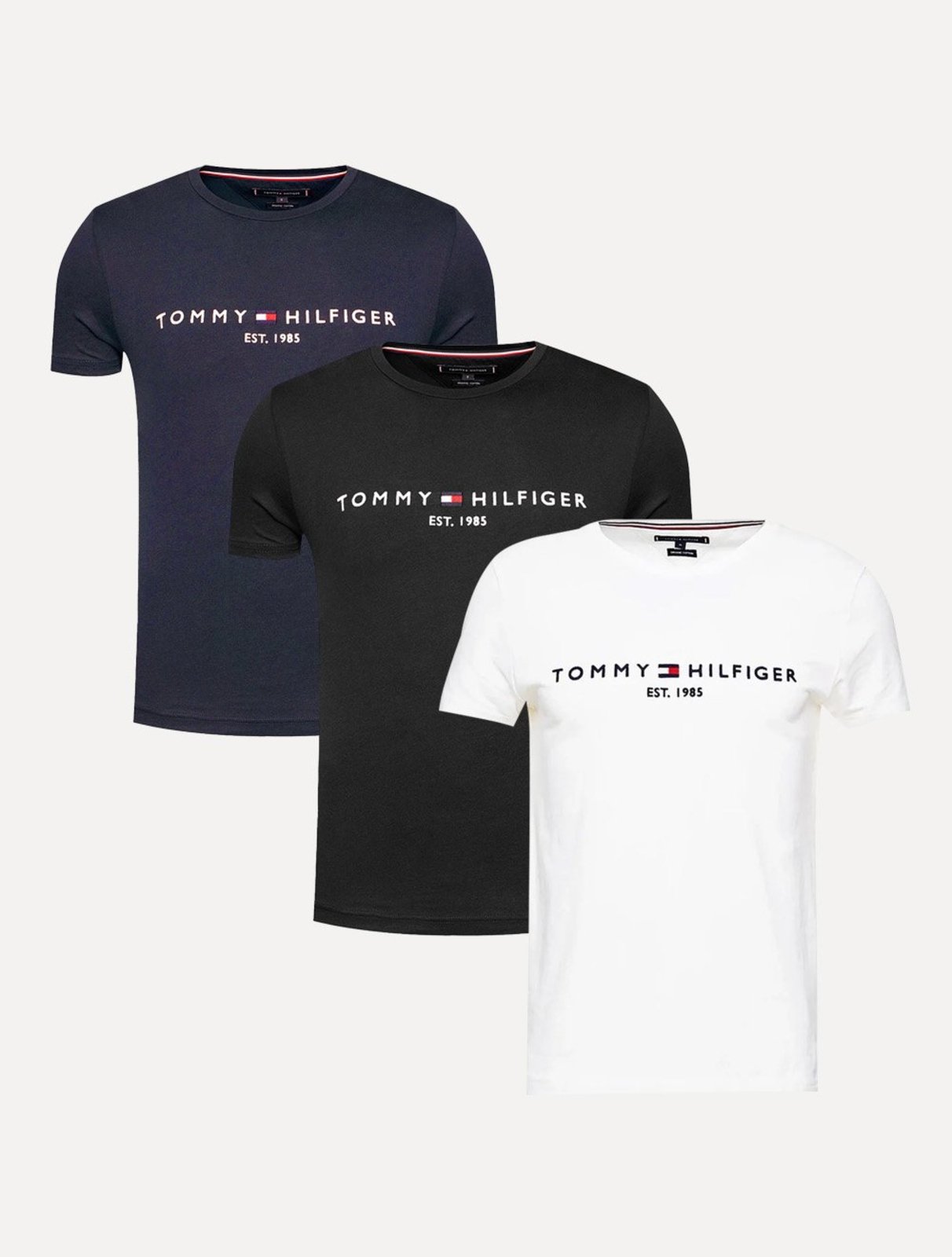 Kit Camisetas Tommy Hilfiger | Masculina Core Logo Tee Azul Marinho/Preta/Branca