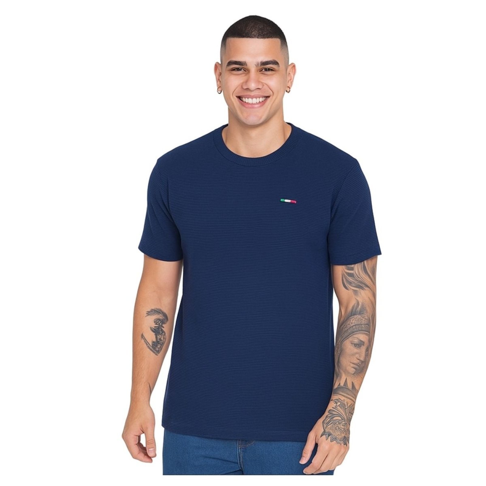 Camiseta Masculina Industrie Malha Fusion Premium Gola Careca Bordado Itália Estilo Casual Marinho