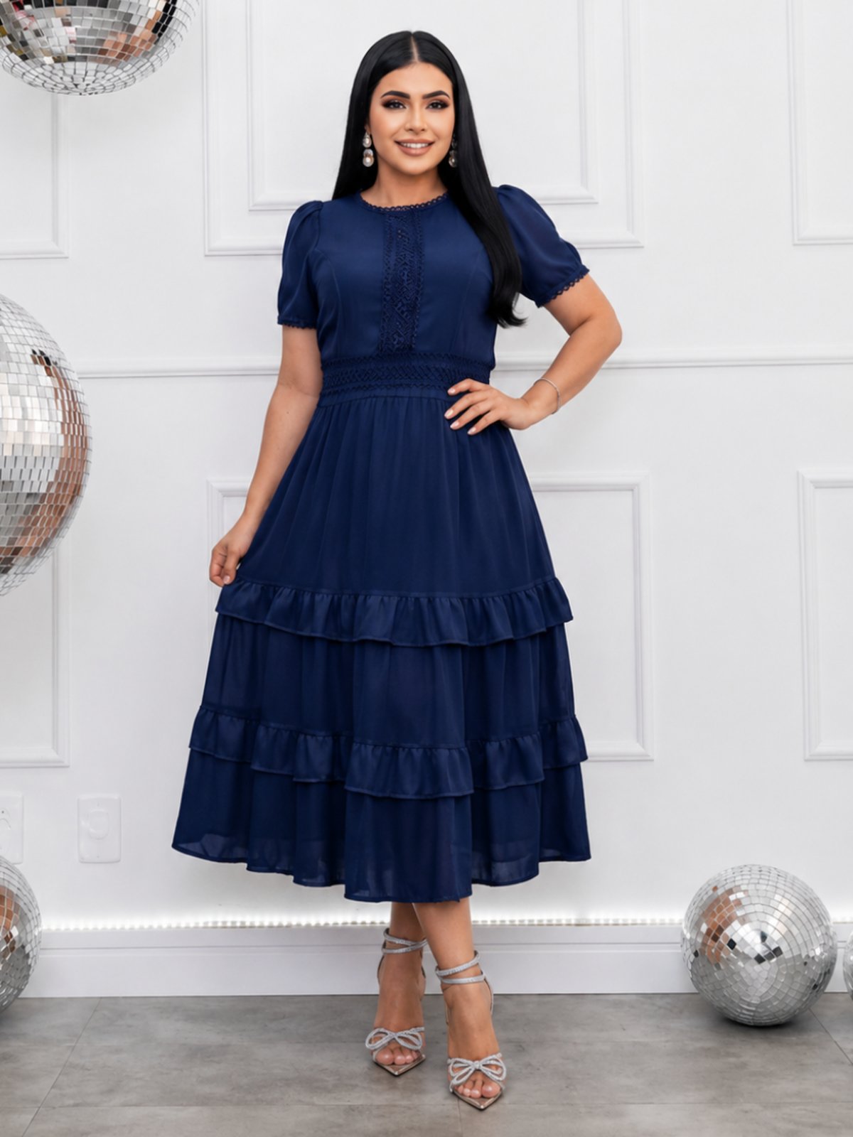 Vestido Midi de Festa Casamento Madrinha Delicado Manga Curta Soltinho Moda Evangélica Azul Marinho