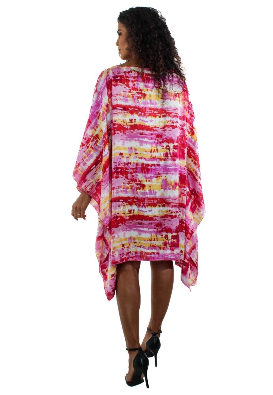 Vista 3 Vestido Kaftan Saída Amplo Crepe Acetinado Estampado Manchado Rosa 101 Resort Wear vermelho rosa 101 Resort Wear vermelho rosa