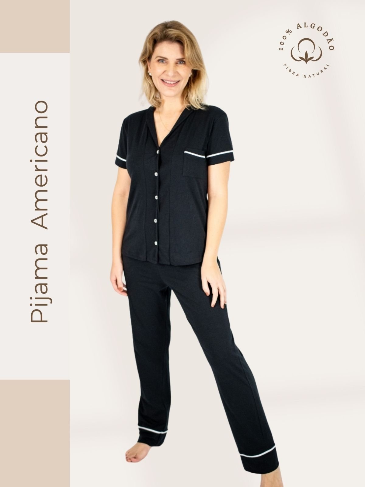 Pijama Algodão Americano Feminino Camisa Manga Curta com Calça – Preto