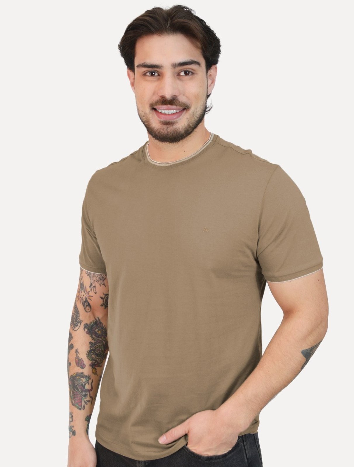 Camiseta Aramis Masculina Grey Friso Gola Mono Logo Marrom