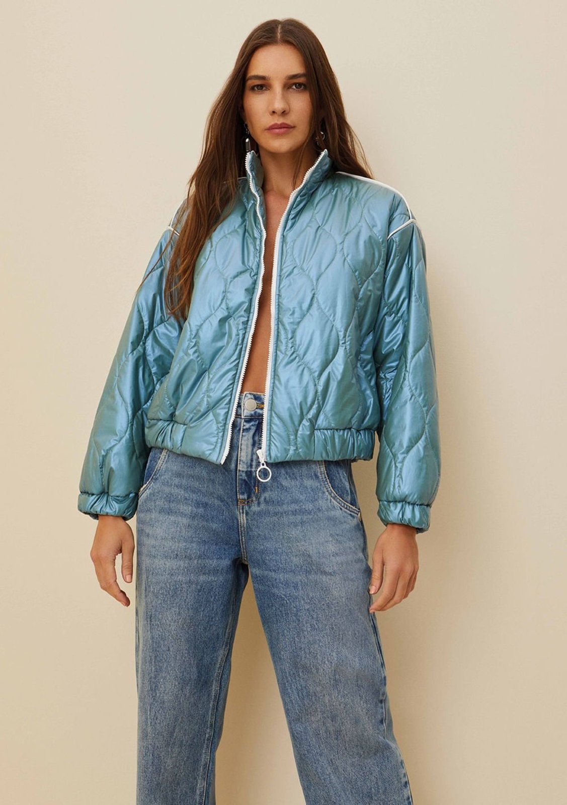 Jaqueta Morena Rosa Bomber Puffer Azul