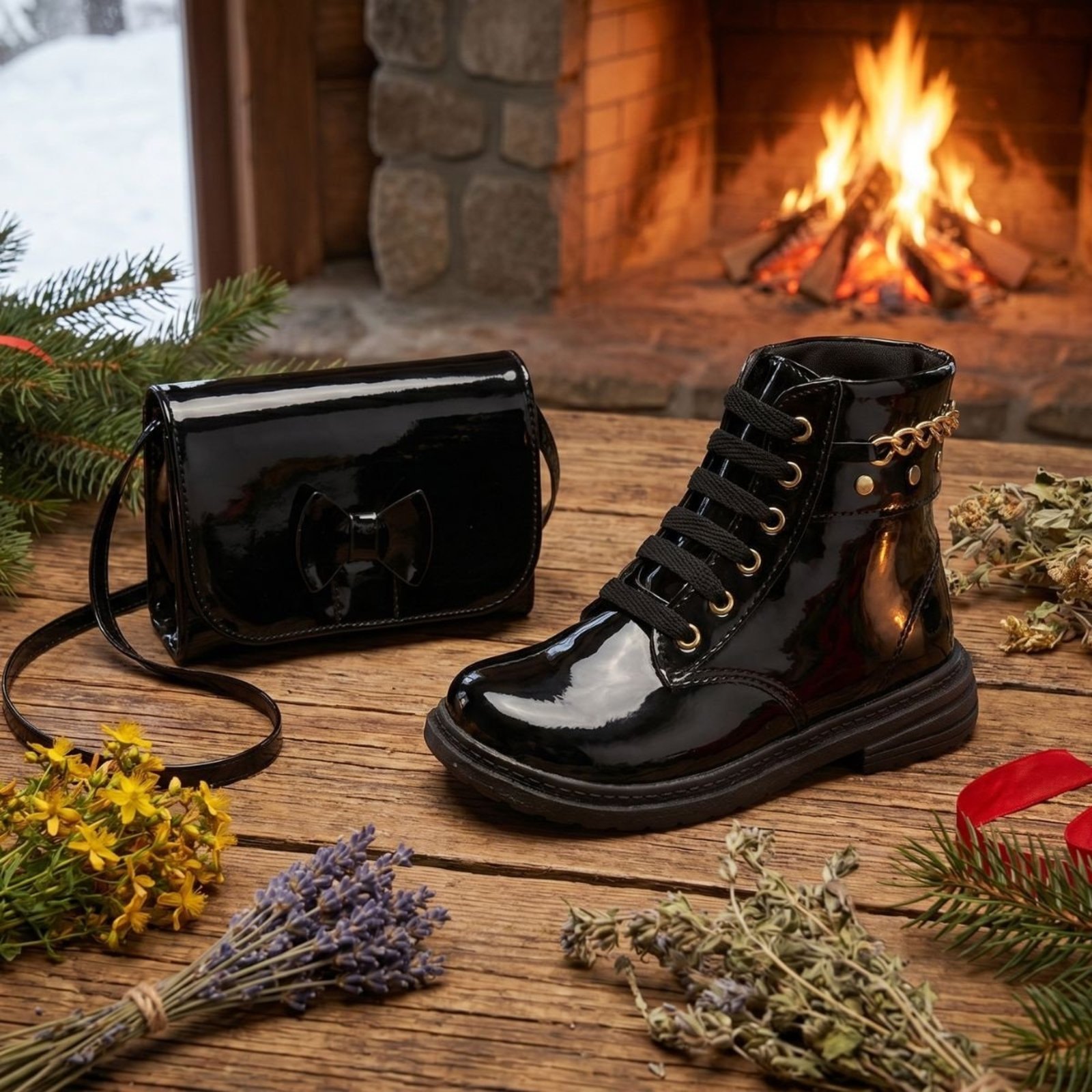 Infantil - Kit Bota Coturno Menina Verniz Preto Cano Médio Leve Macio e Confortável com Bolsinha Delicada Moda Blogueira