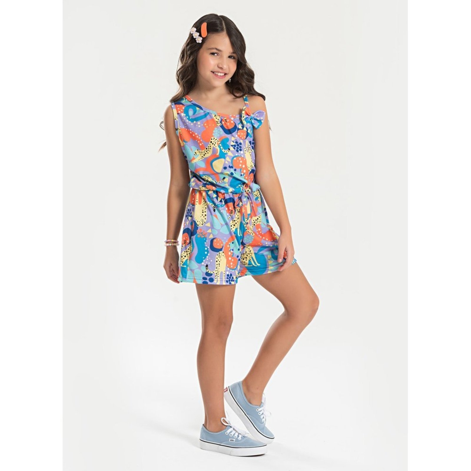 Infantil – Macaquinho Alcinha com Laço Verão Menina Tulipa Safari Colorido