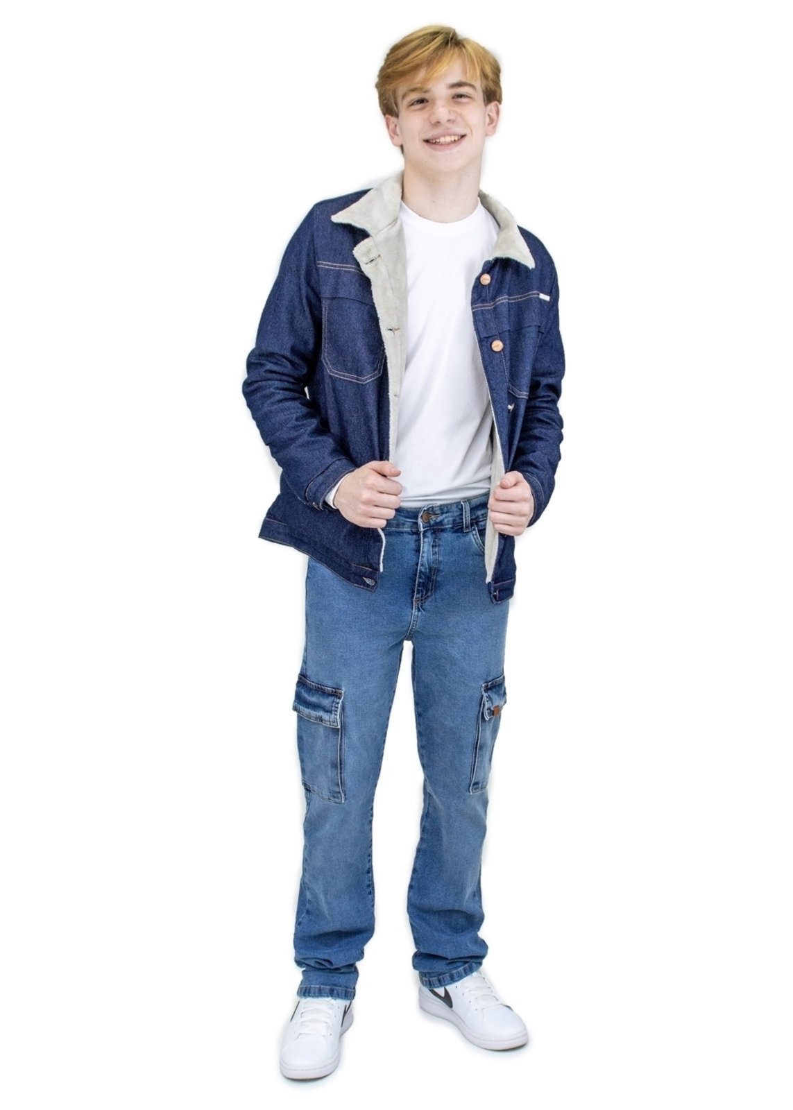 Infantil - Jaqueta Quase Anjo Jeans Unissex com Bolsos e Forrada com Pelo