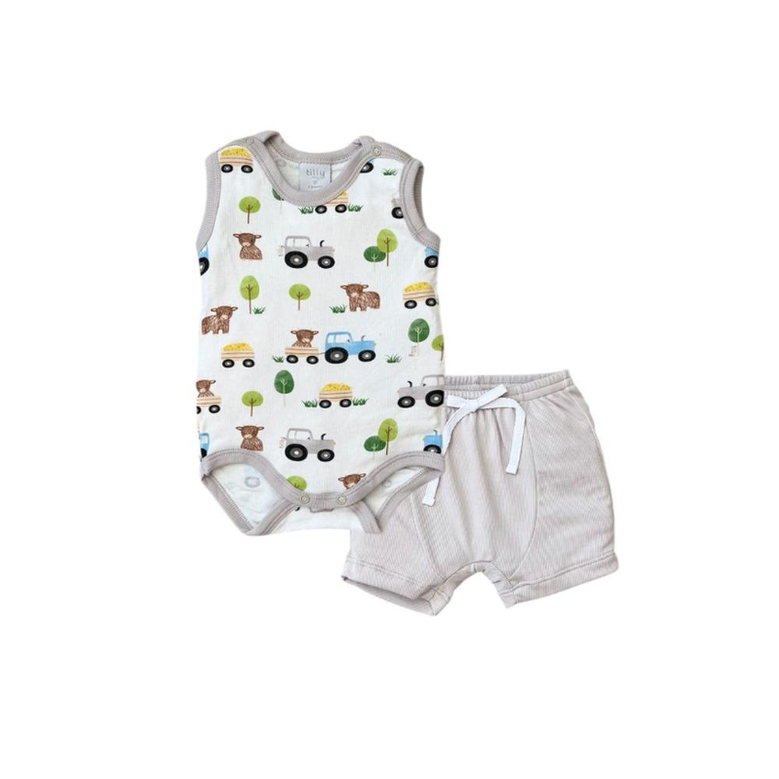 Infantil - Conjunto Body Regata Estampado Fazendinha e Shorts Canelado Tilly Baby Branco Cinza G Cinza
