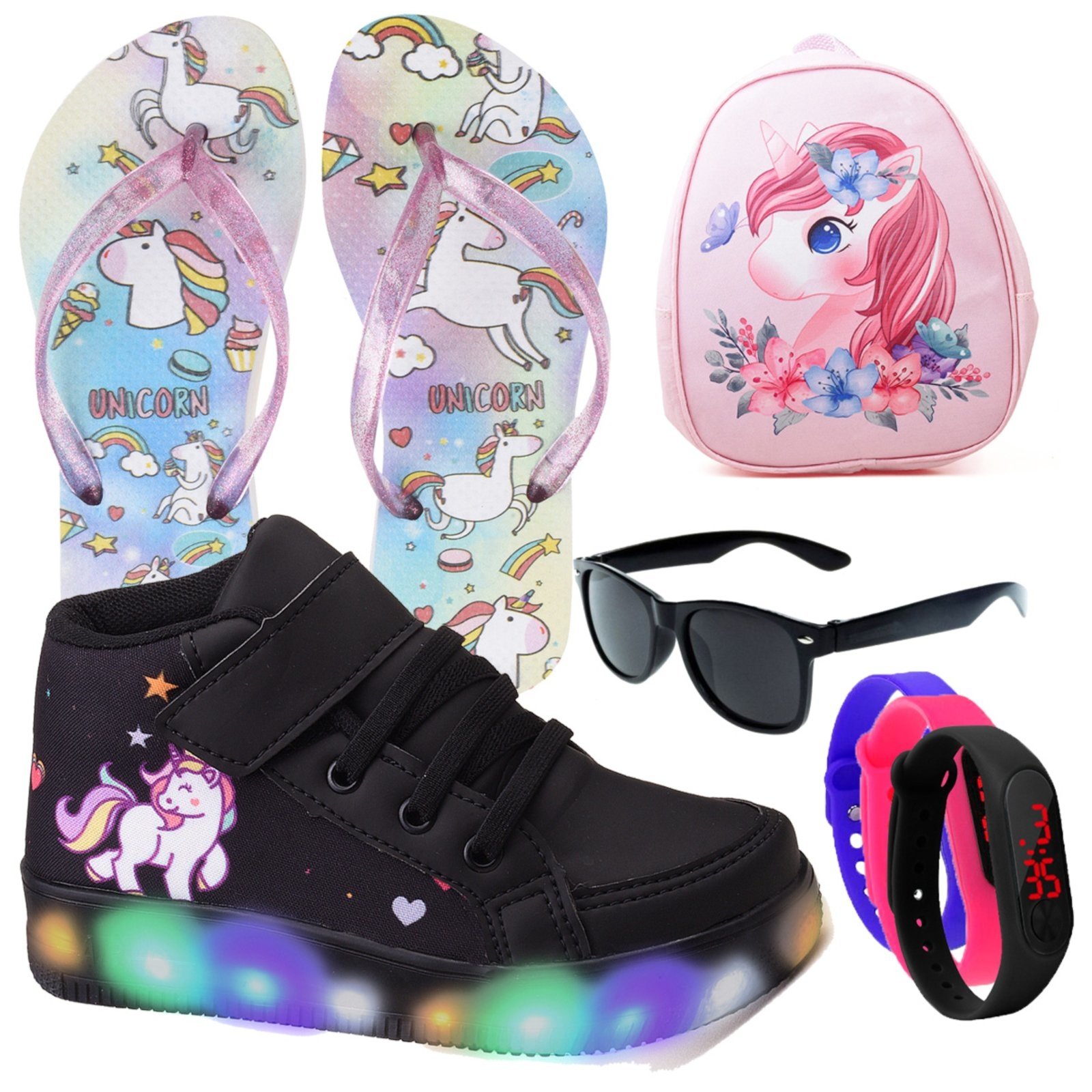 Infantil – Kit Tênis De Led Botinha Unicornio Preto Meninas Mochila Chinelo Óculos Relógio