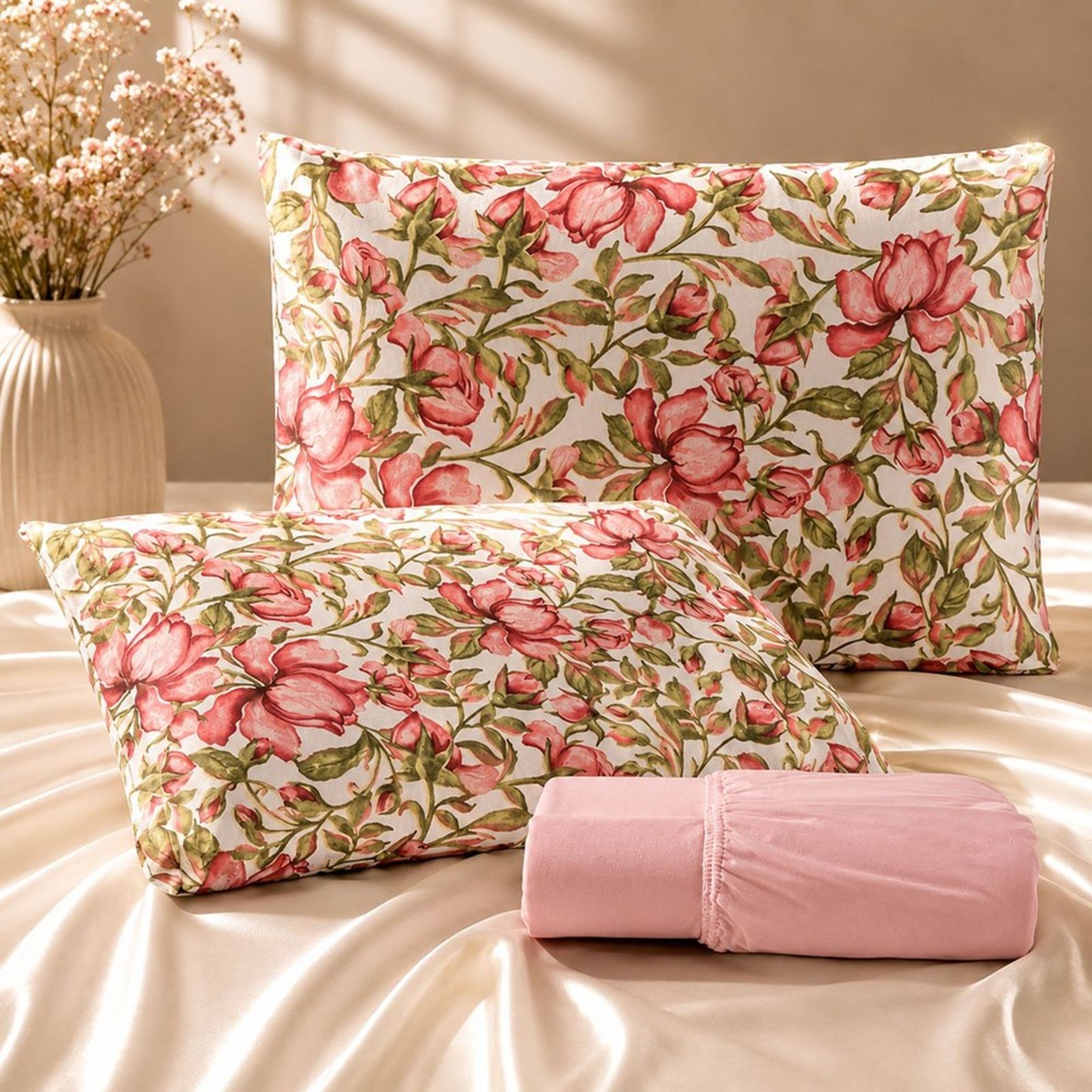 Jogo de Cama Lençol Malha Grossa Fio Penteado 100% Algodão Queen 3 Peças - Floral Rosê