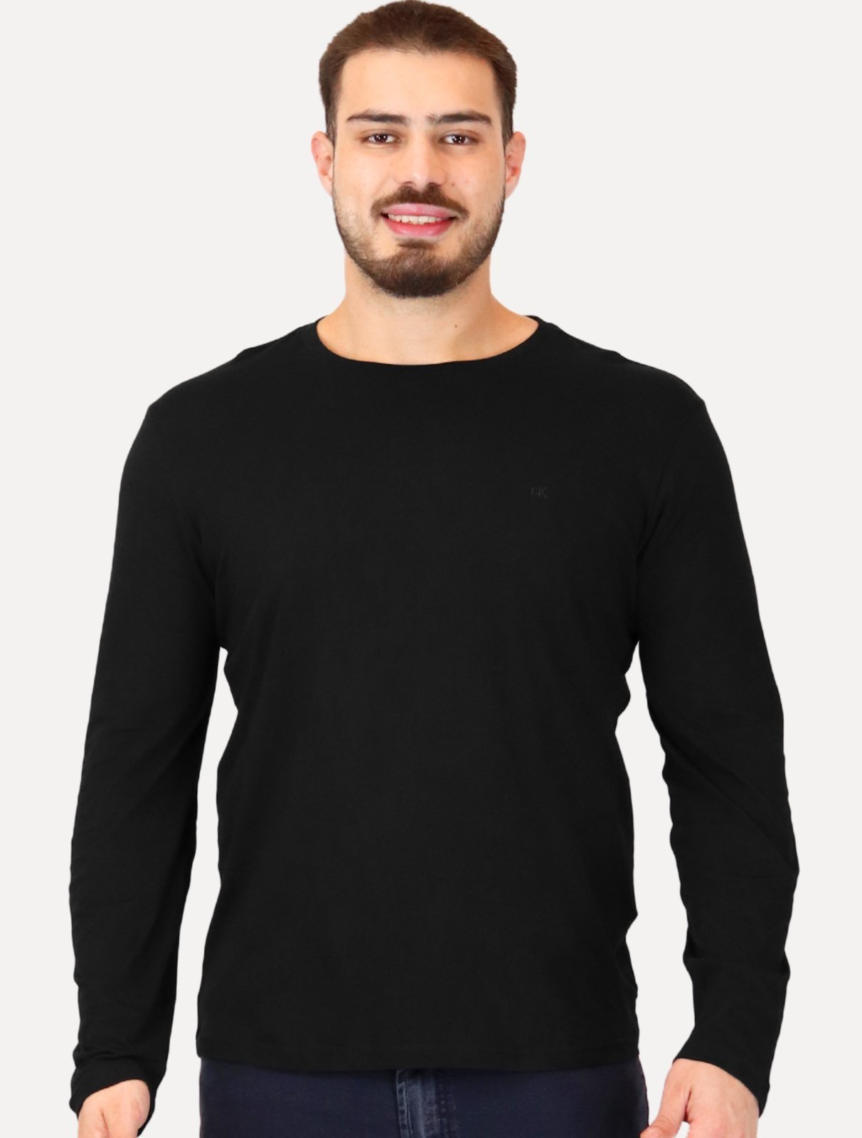 Camiseta Calvin Klein Jeans Masculina Manga Longa Rubber CK Frontal Preta