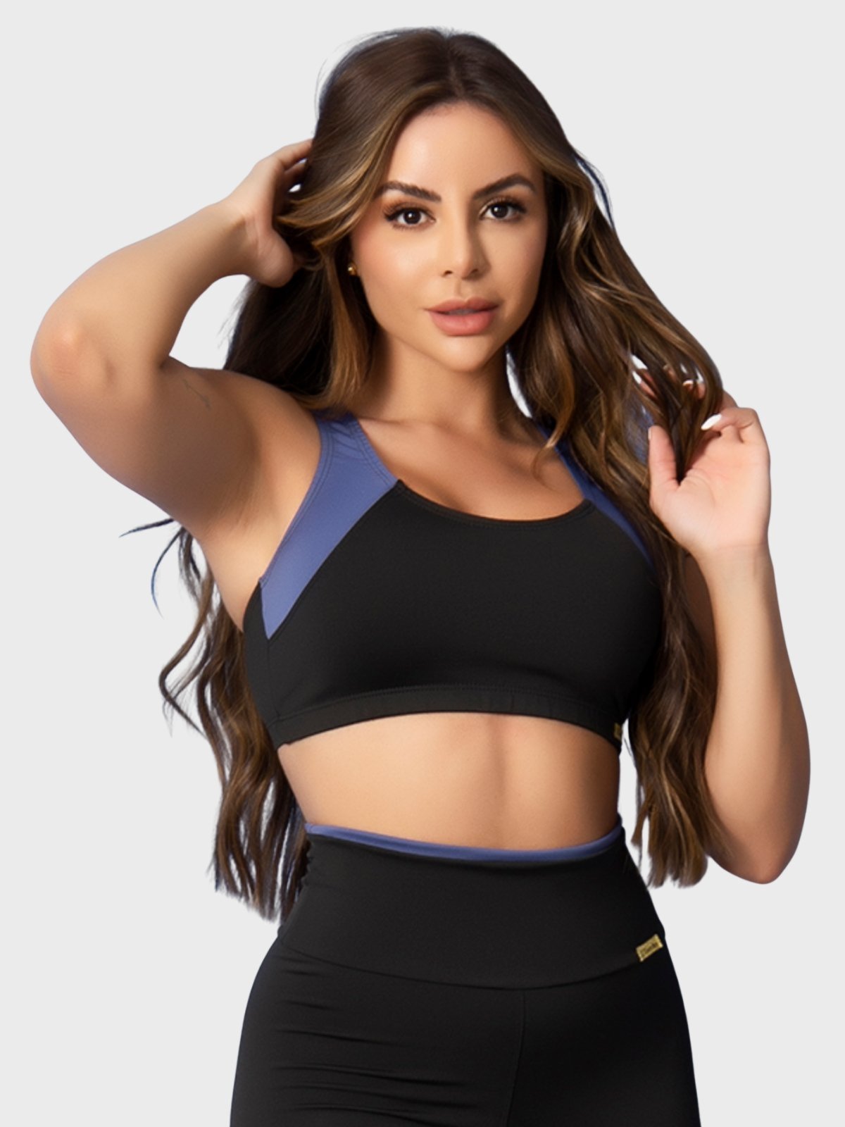 Top Fitness Tarelles Alça Larga Forrado Preto e Azul