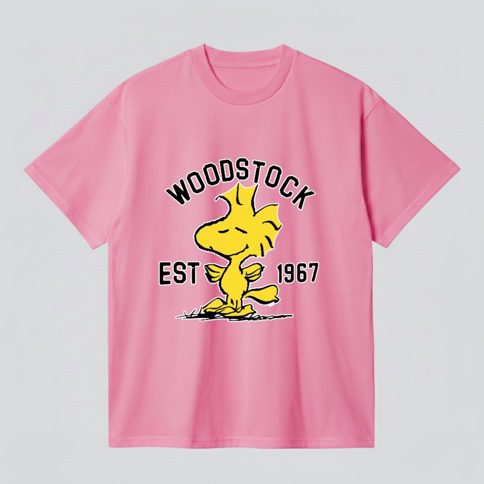 Camiseta Básica Snoopy Peanuts Woodstock Est 1967 Vintage Unissex Rosa