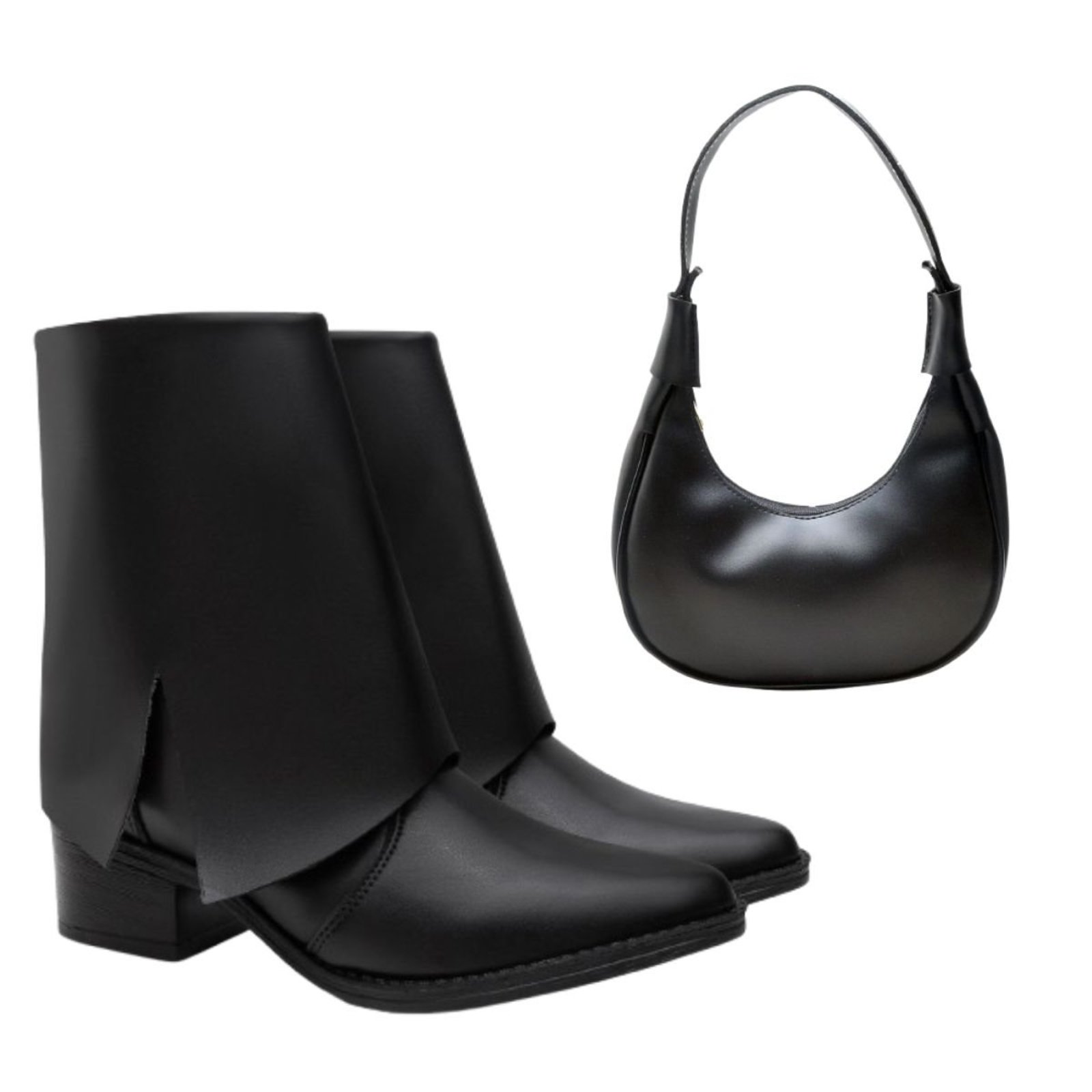Kit Bota Feminina Cano Curto Anna Andrade Casual Salto Baixo Com Capa E Bolsa Ombro Preto