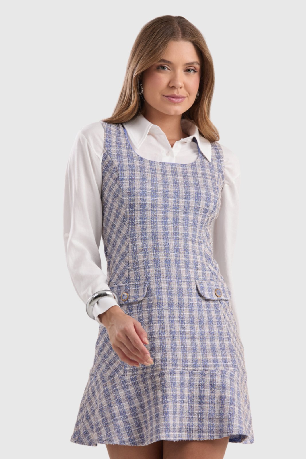 Vestido Feminino Amora Café Curto com Lapelas Azul