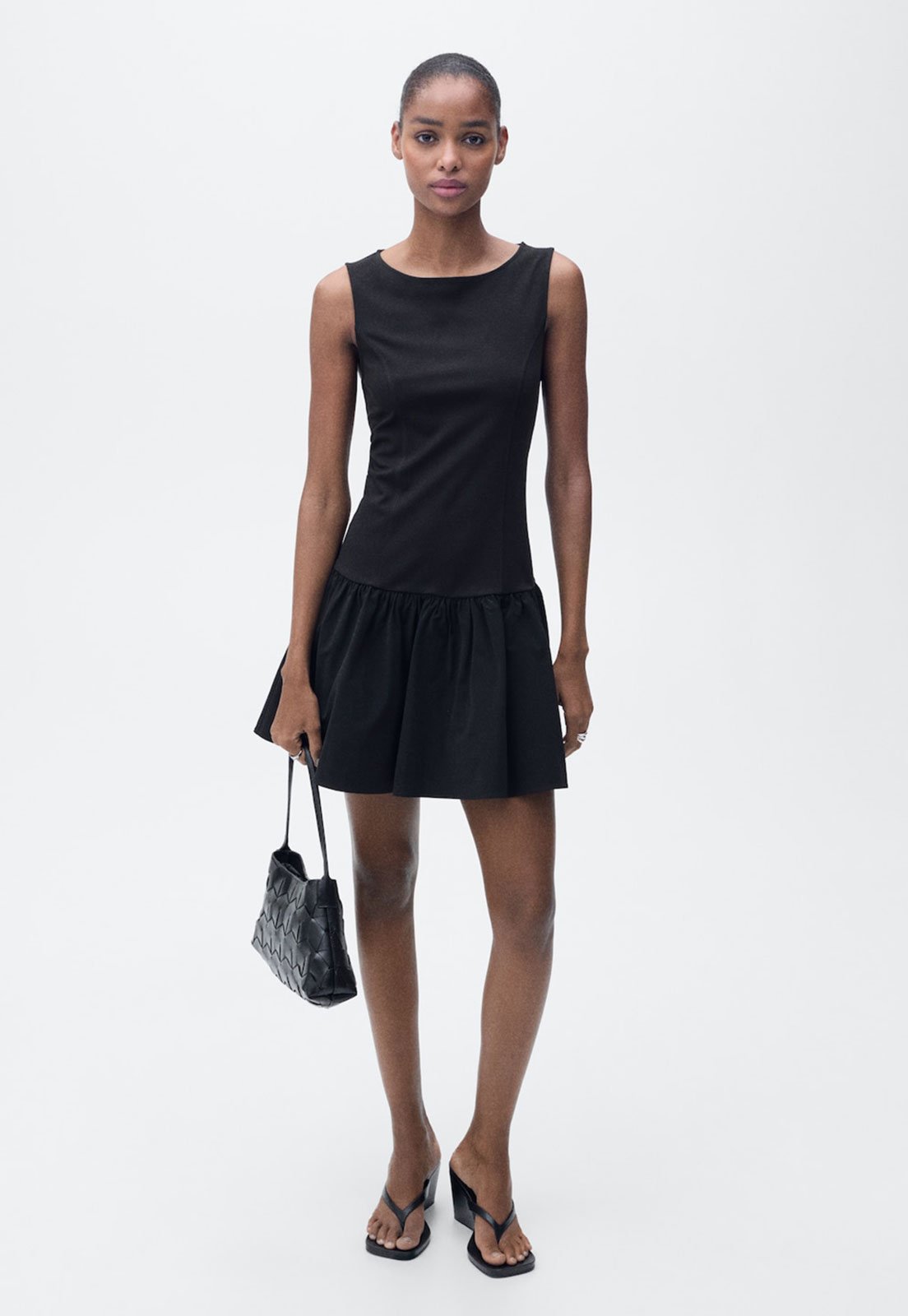 Vestido Mango Curto Tecido Combinado Preto
