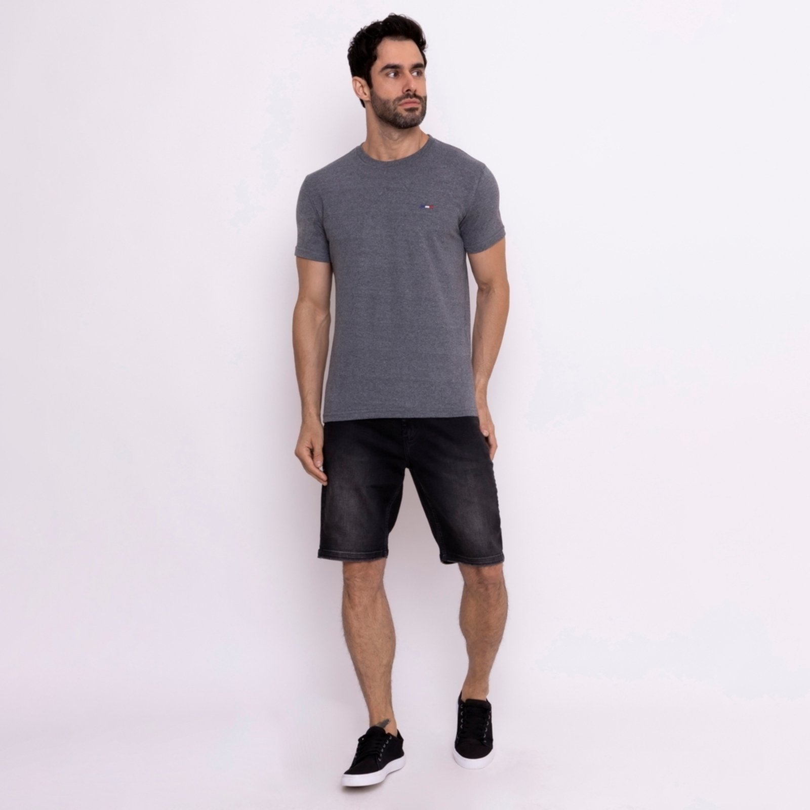 Vista 3 Camiseta Masculina Básica Vih Triny com Bordado no Estilo Tommy Algodão Premium França Cinza Escuro azul Vih Triny azul