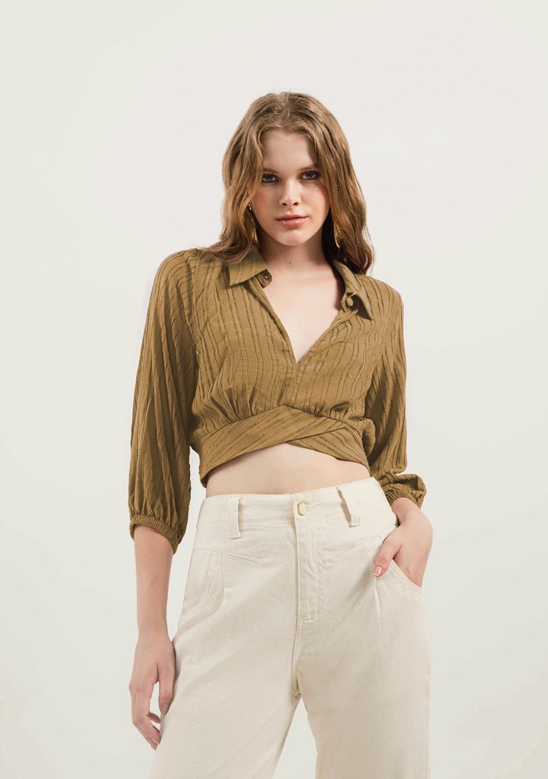Camisa Zinco Manga Longa Com Transpasse Marrom