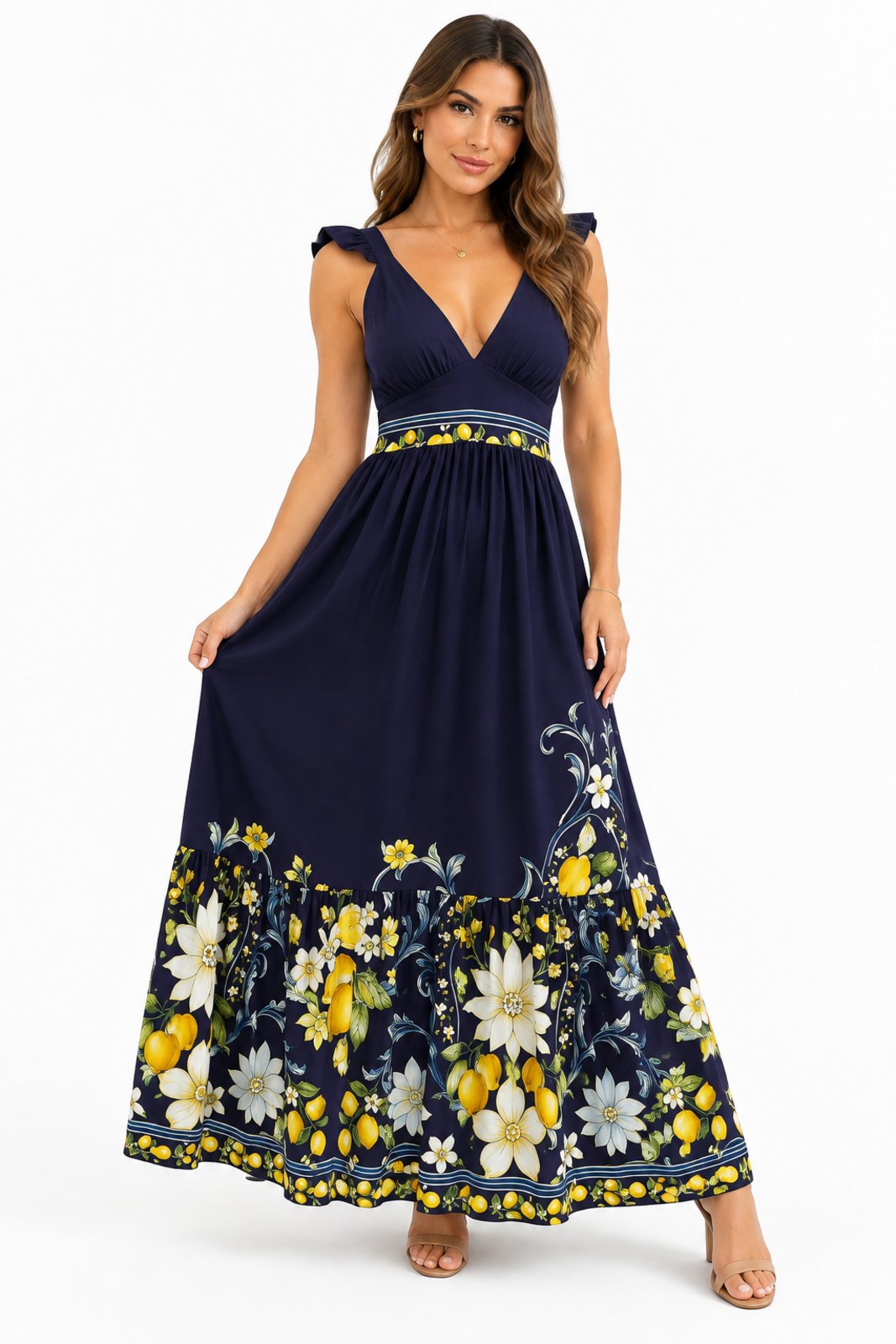 Vestido Longo D Bell Outlet Fashion Floral com Babado Amarração nas Costas Azul Marinho