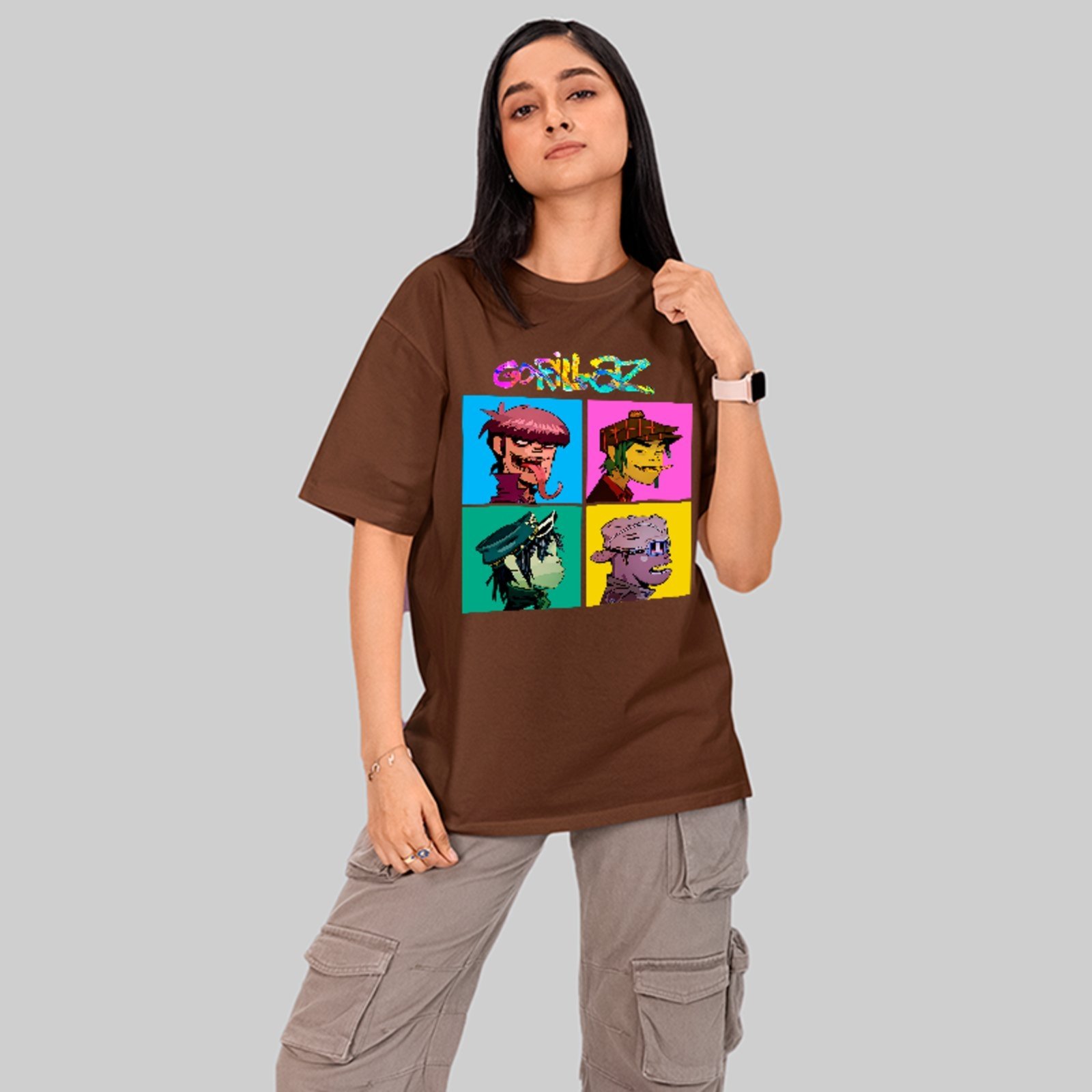 Camiseta Oversized Premium Gorillaz Band Cartoon Streetwear Unissex Marrom