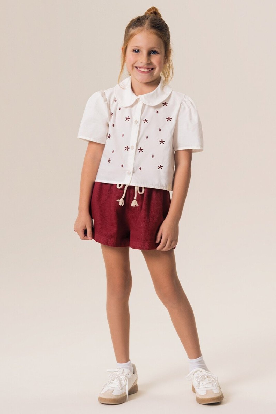 Infantil - Conjunto Menina Bugbee Camisa Bordada e Shorts em Sarja Texturizada