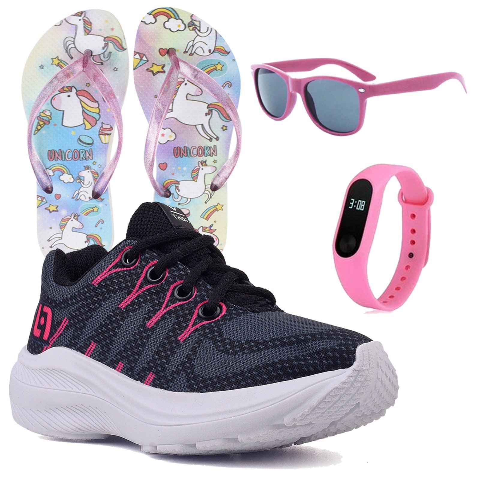 Vista 2 Infantil - Tenis Meninas Casual Preto e Feminino + Chinelo Óculos e Relógio CALCADOS LGHT LIGHT pink