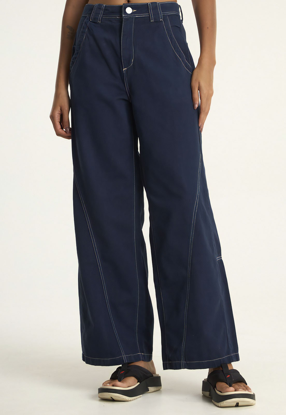 Calça Sarja Cantão Wide Leg Pesponto Azul