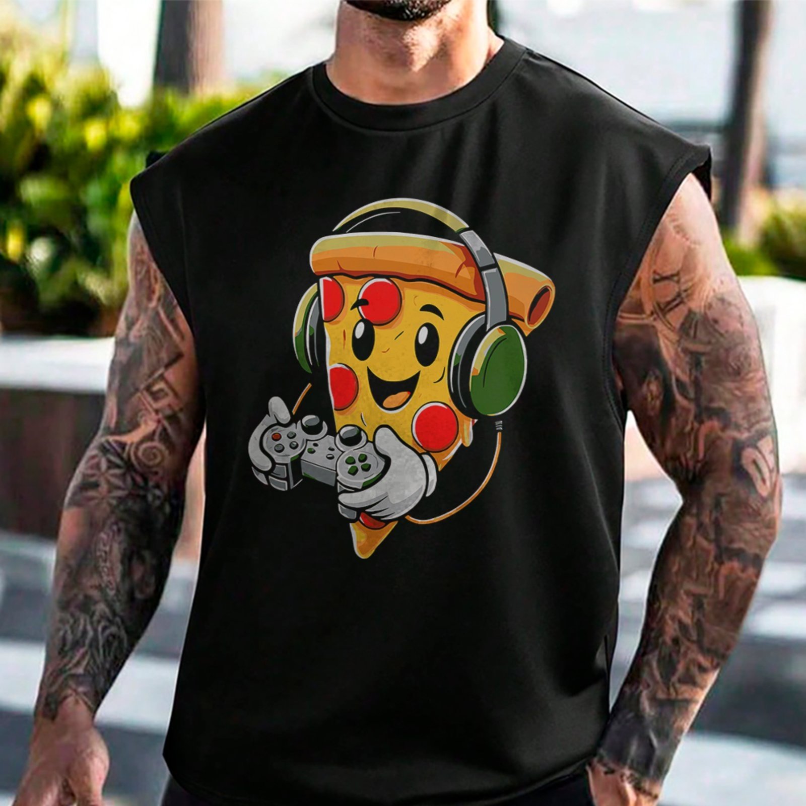 Camiseta Regata Machão Pizza Gamer Cartoon Geek Estilo Urbano Preto