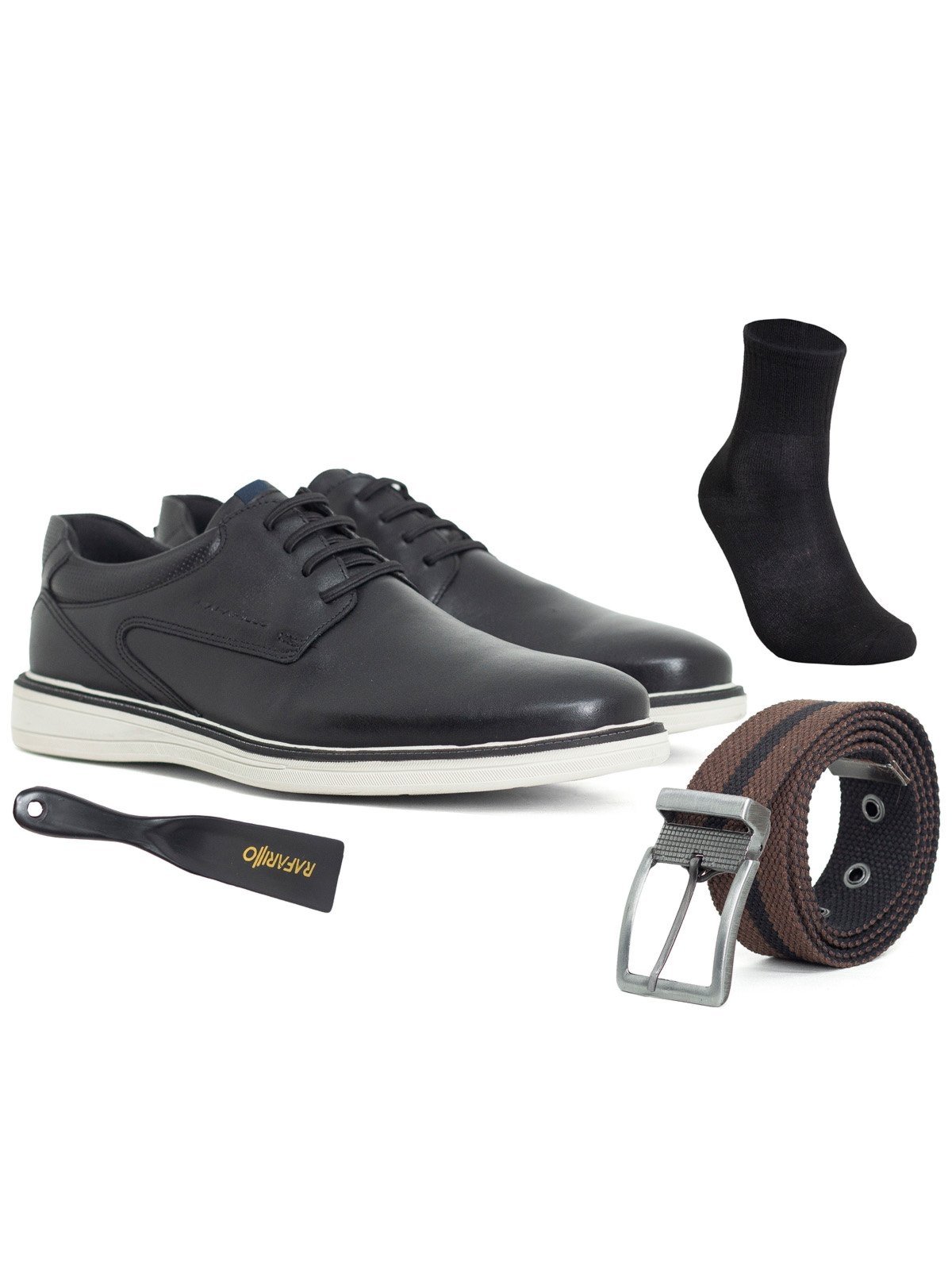 Kit 4 em 1 Sapato Social Masculino Rafarillo Couro Confortável Meia Cinto Calçadeira Preto