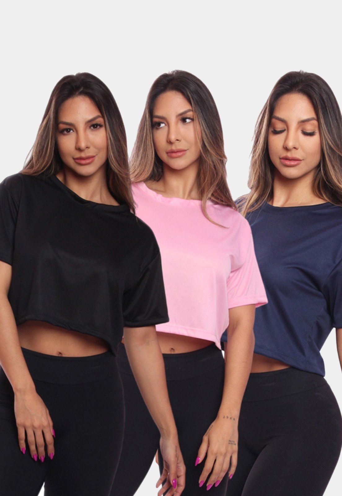 Kit 3 Cropped Manga Curta Feminino Dry Proteção UV Blusa Blusinha Academia Treino Colorido