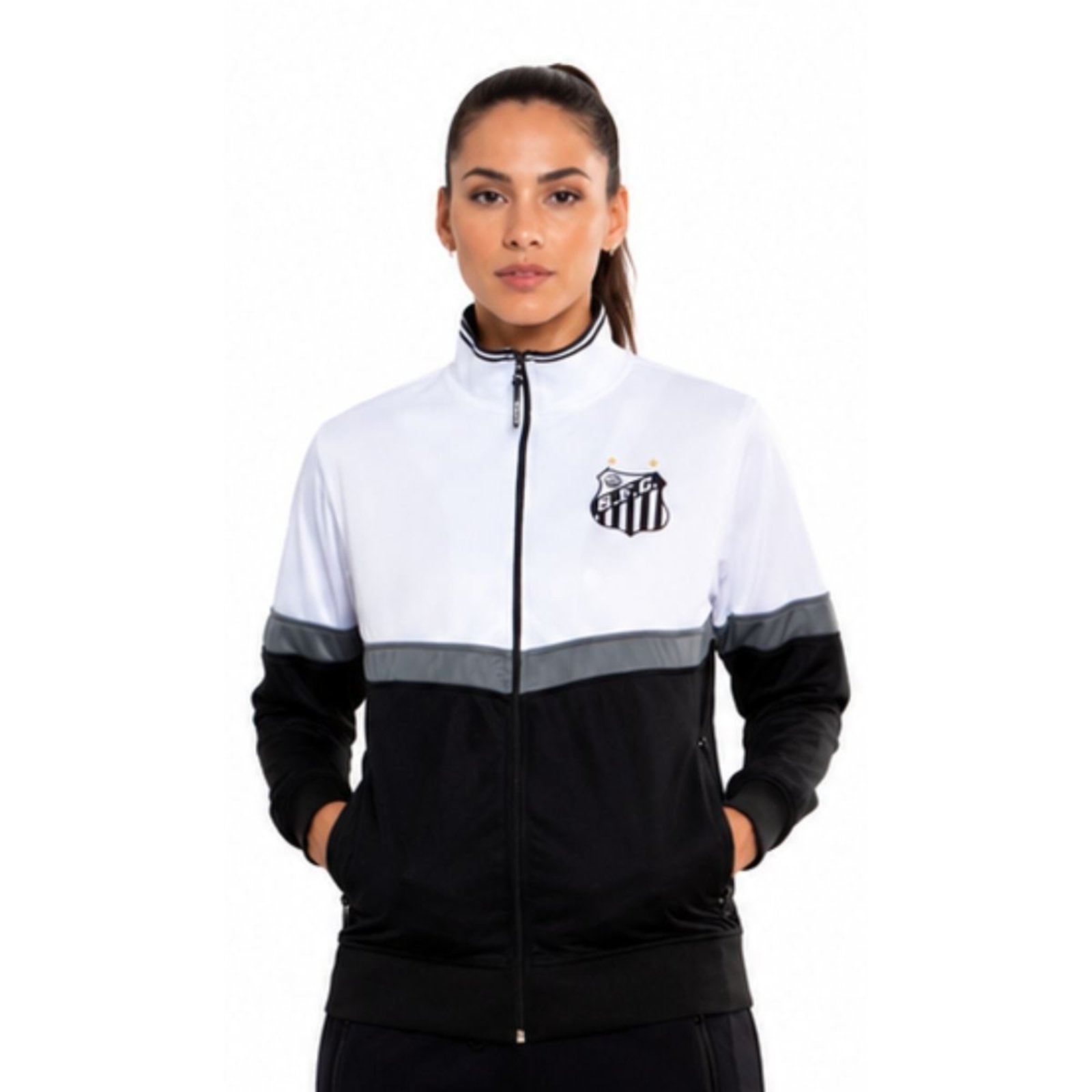 Jaqueta Feminina Esportiva Santos Com Zíper Surf Center Preto Branco