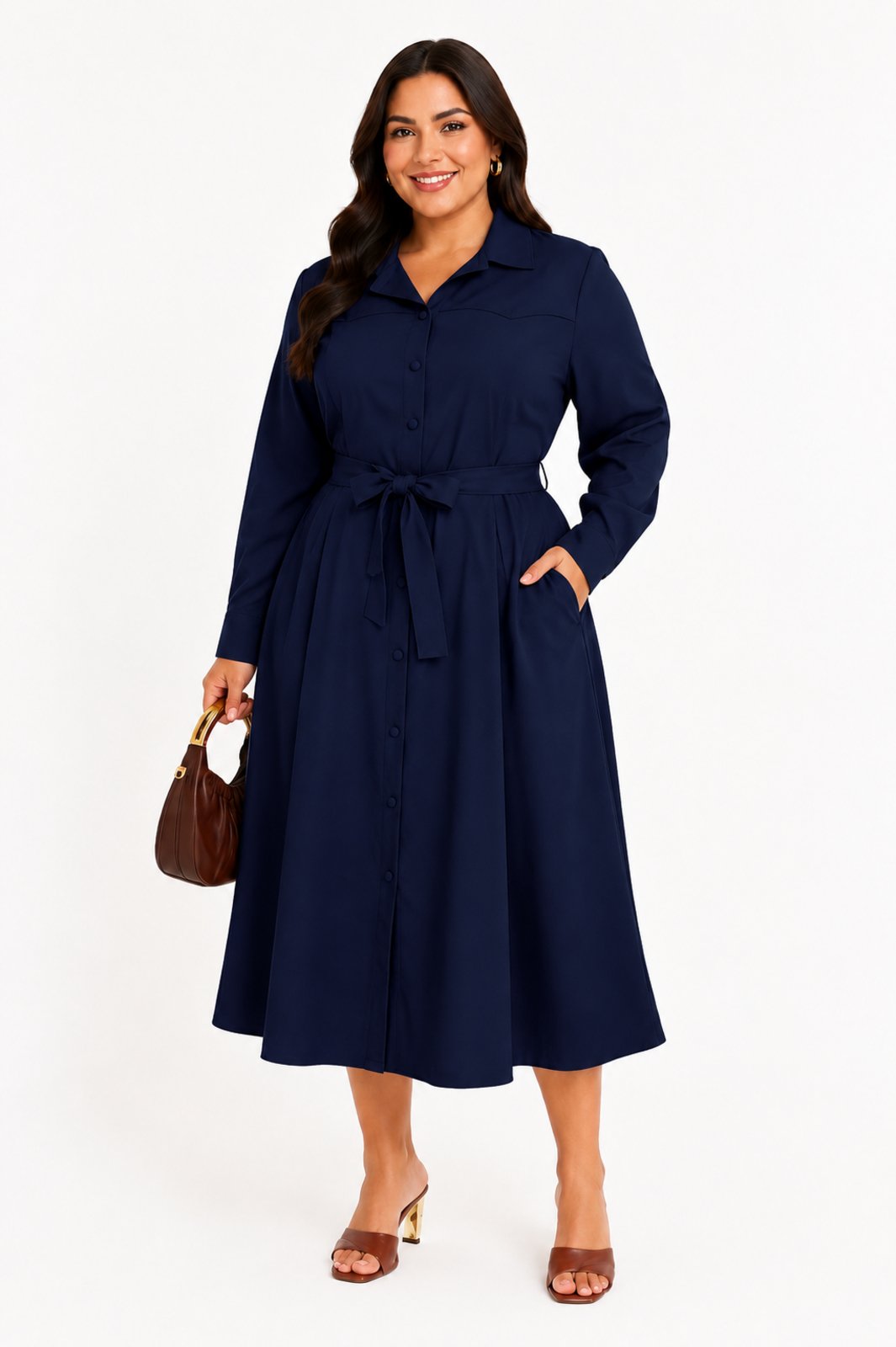 Vestido Midi D Bell Outlet Fashion Chemise Plus Botões Azul Marinho