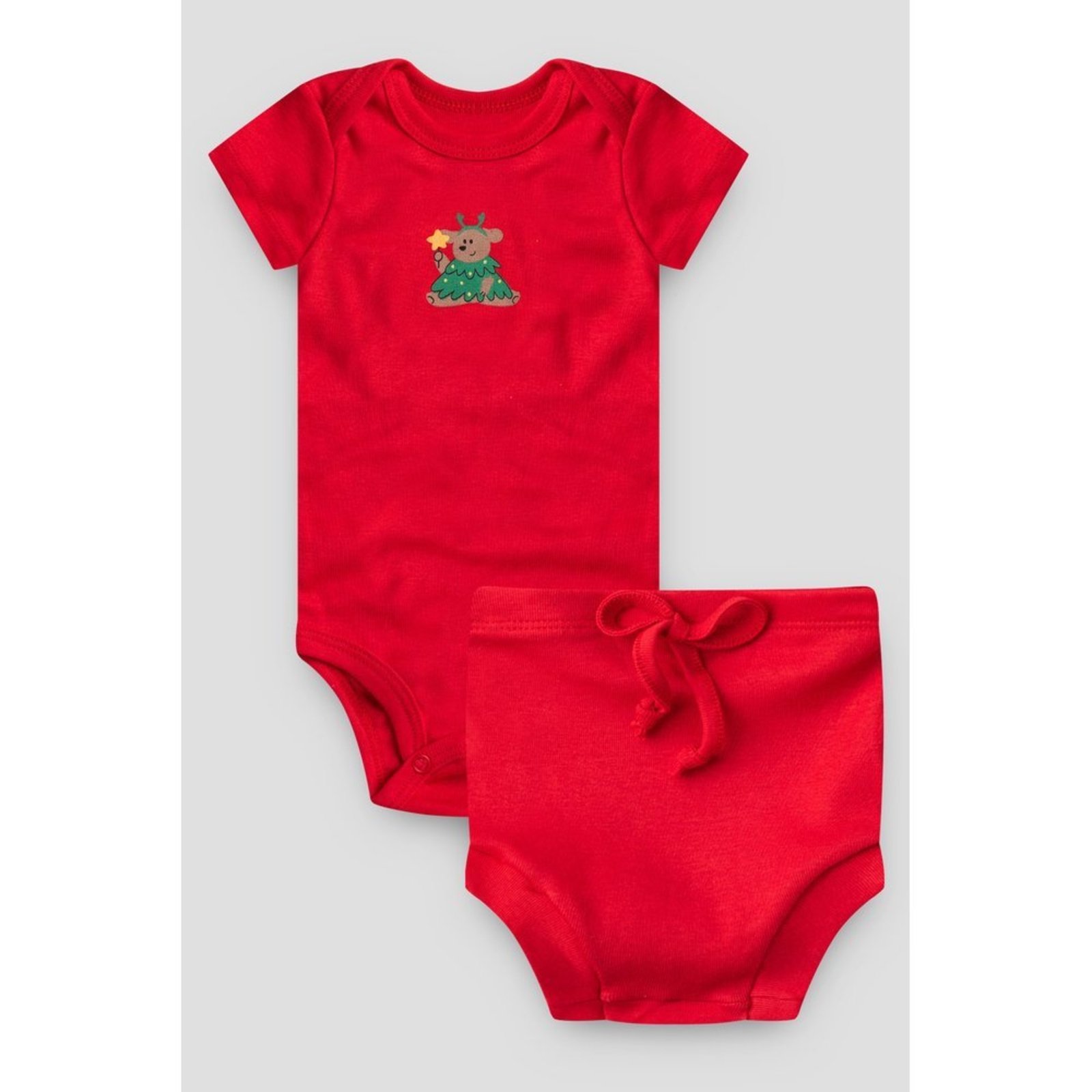Infantil - Conjunto Body Curto e Tapa Fralda do Papai Vermelho Ursinha de Natal