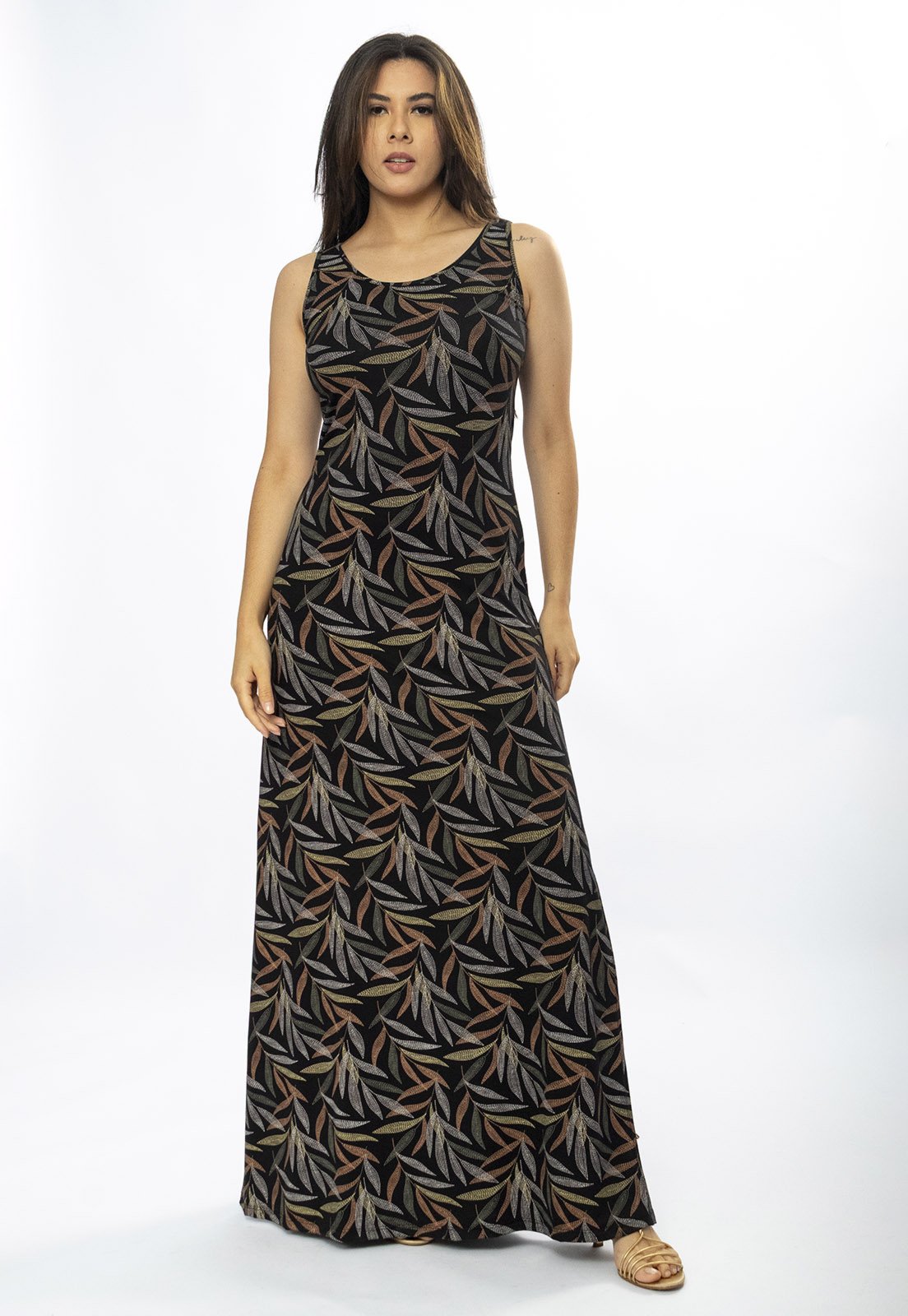 Vestido Longo Cabanafree Butiá Malha Regata Estampa Folhagem