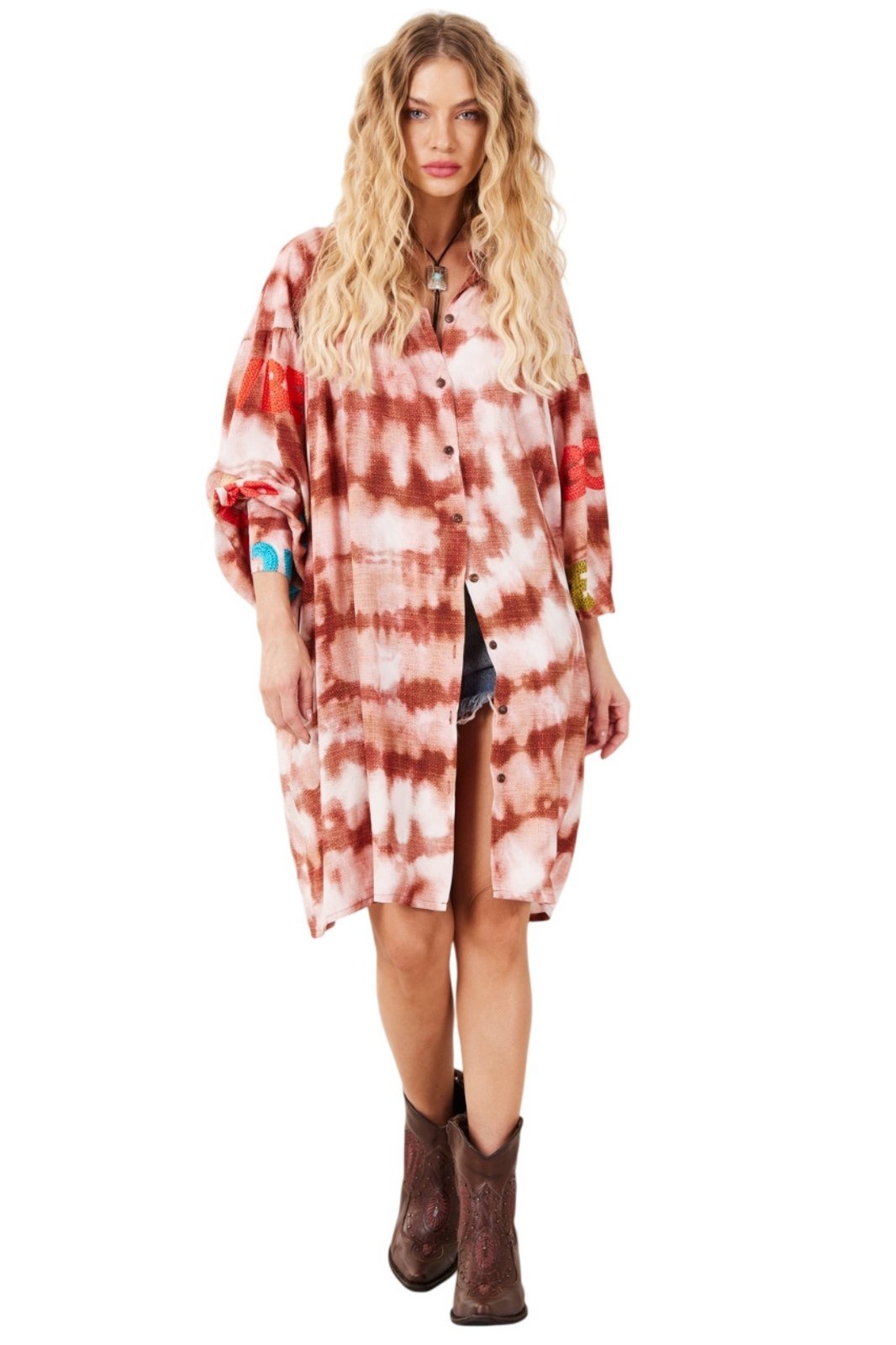 Chemise Ampla Marrom Estampa Tie Dye Digital Yacamim L2 – Estampado