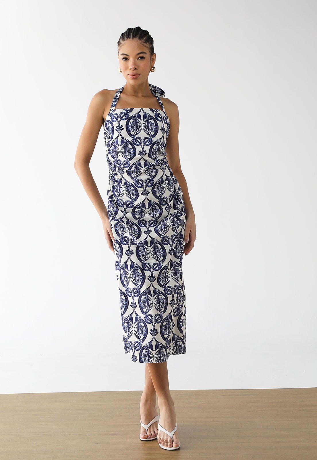 Vestido Feminino FARM Midi Estampa Botânica Branco