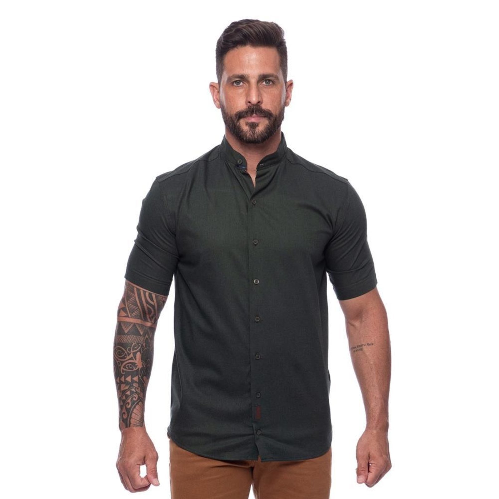 Camisa Masculina Linho Manga Curta Gola Padre Lisa Casual Azul Claro G Verde