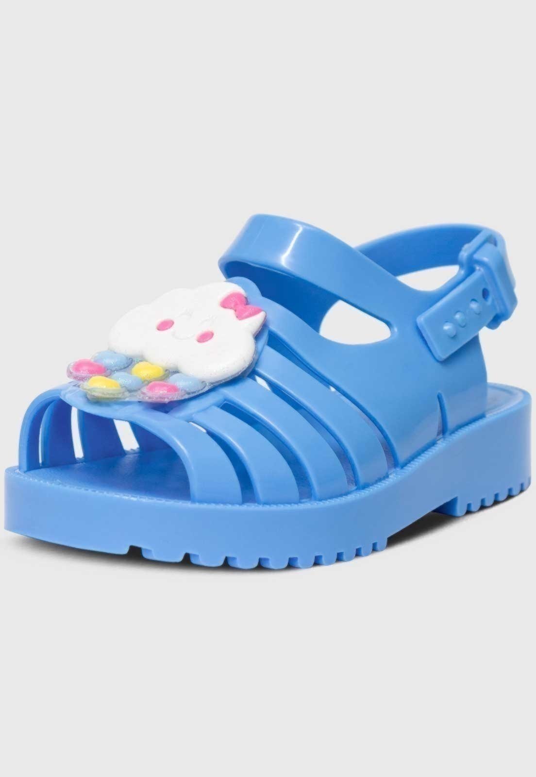 Infantil – Sandália Rasteira Pópidi Menina Emborrachada Chuva de Amor Azul