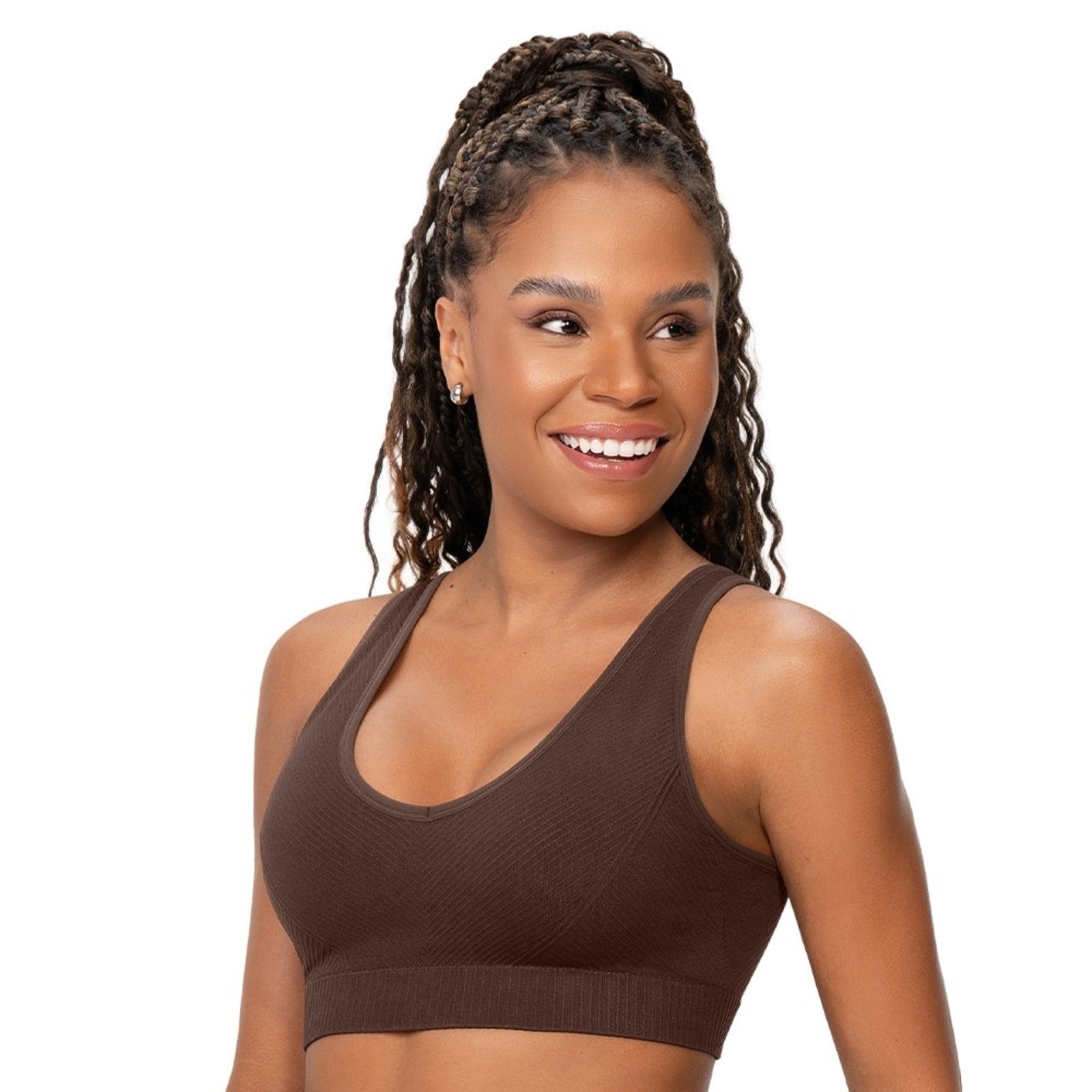 Top Fitness Bojo Removível Decote V Marrom